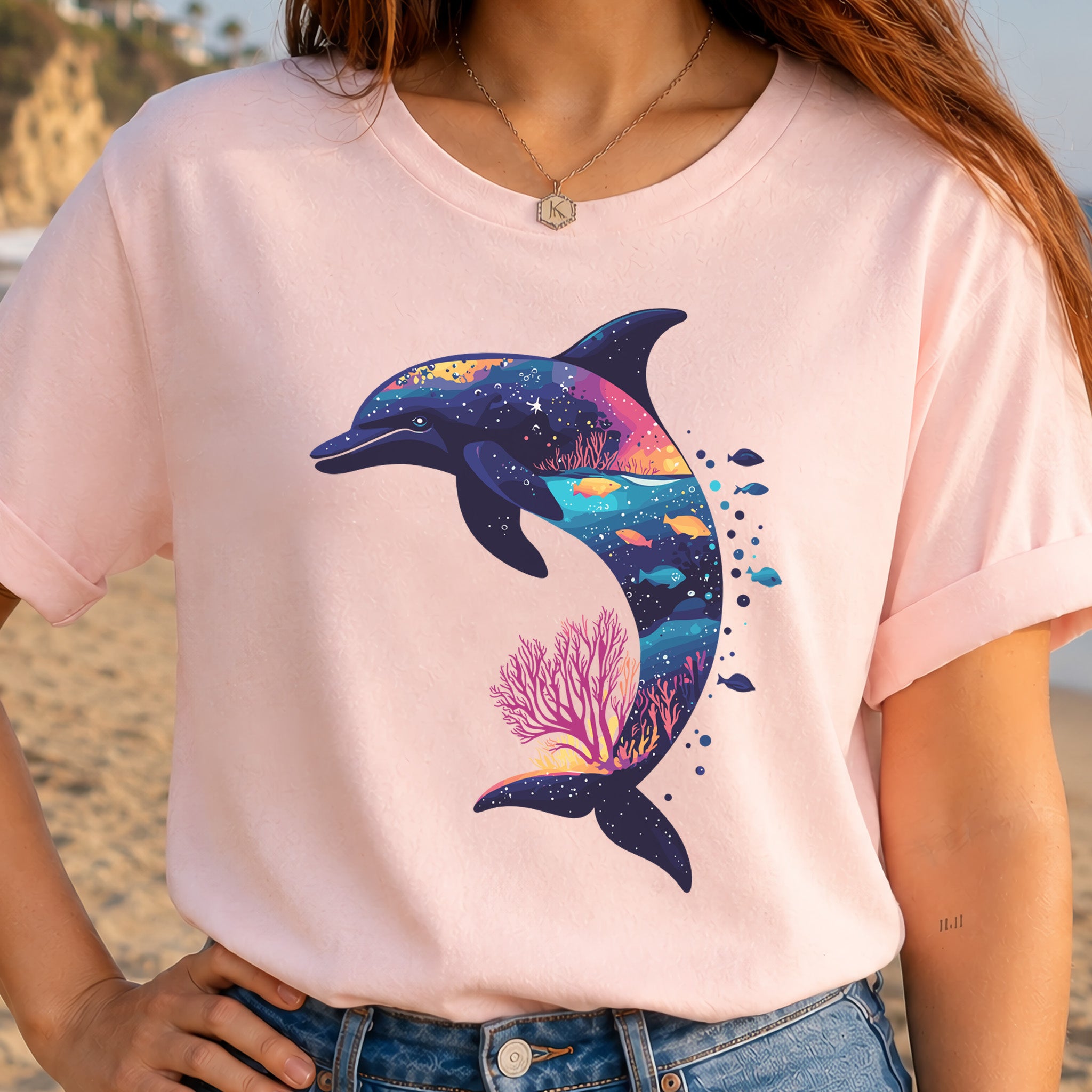 Dolphin Silhouette Coral Reef T-Shirt – Ocean Dreamscape Gift Tee