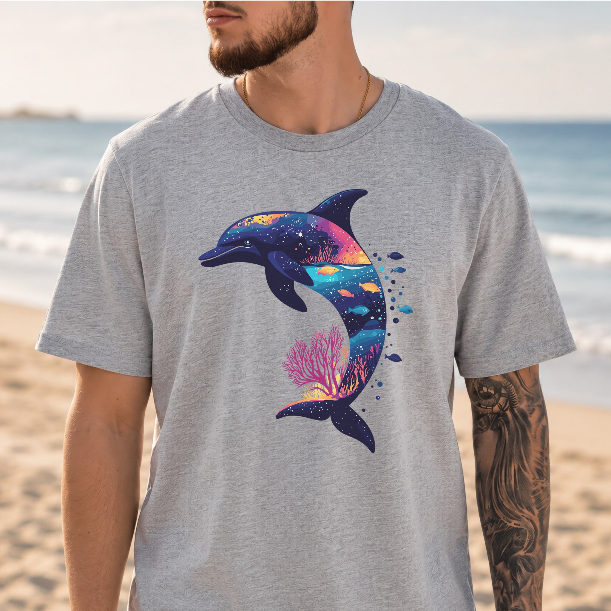 Dolphin Silhouette Coral Reef T-Shirt – Ocean Dreamscape Gift Tee