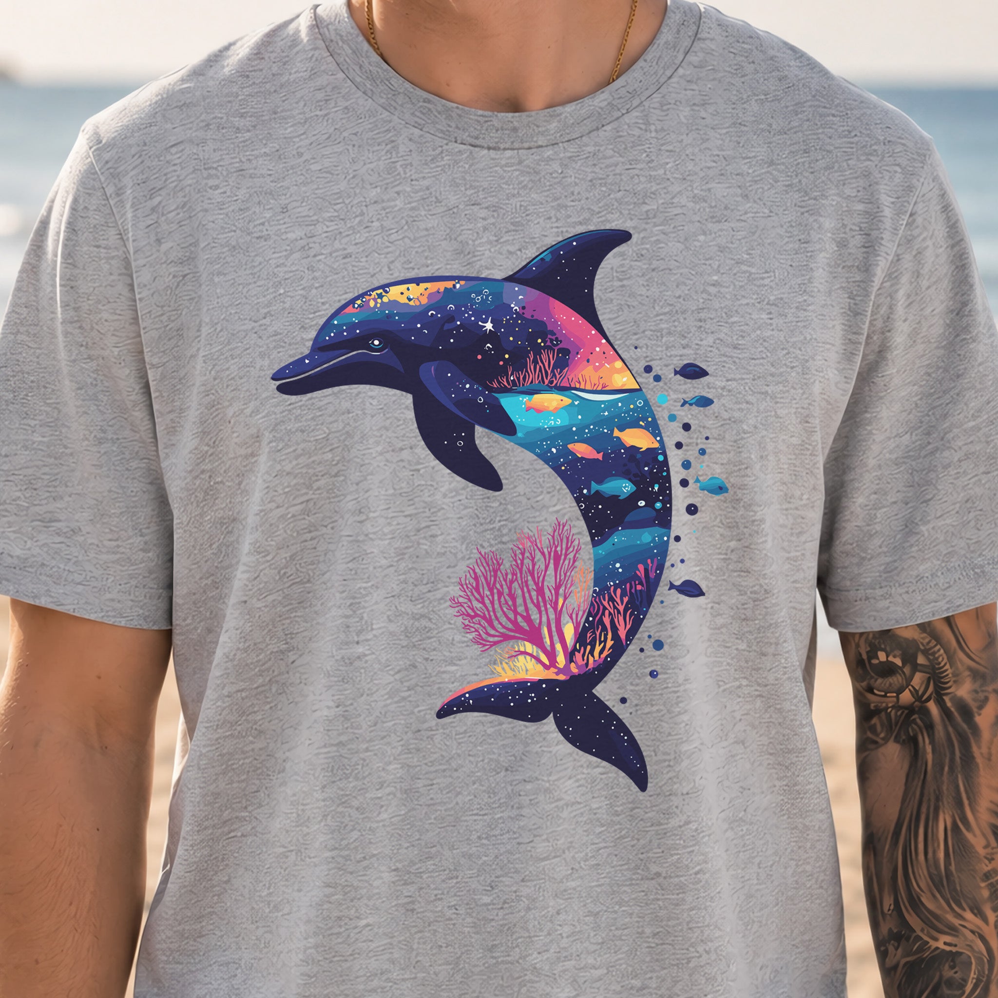 Dolphin Silhouette Coral Reef T-Shirt – Ocean Dreamscape Gift Tee