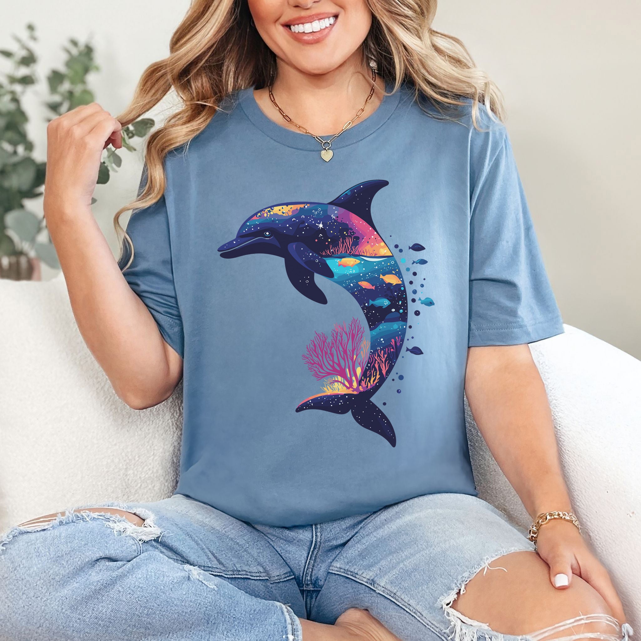 Dolphin Silhouette Coral Reef T-Shirt – Ocean Dreamscape Gift Tee