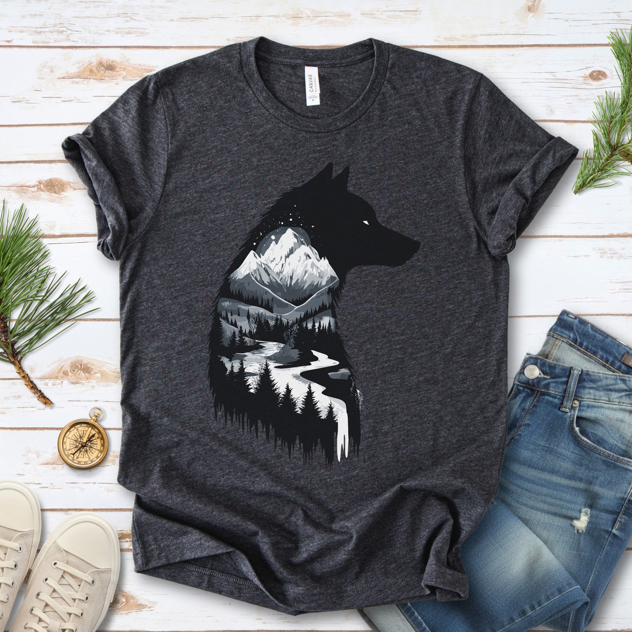 Wolf Mountain Spirit T-Shirt – Dark Forest Falls & Wilderness Soul Tee
