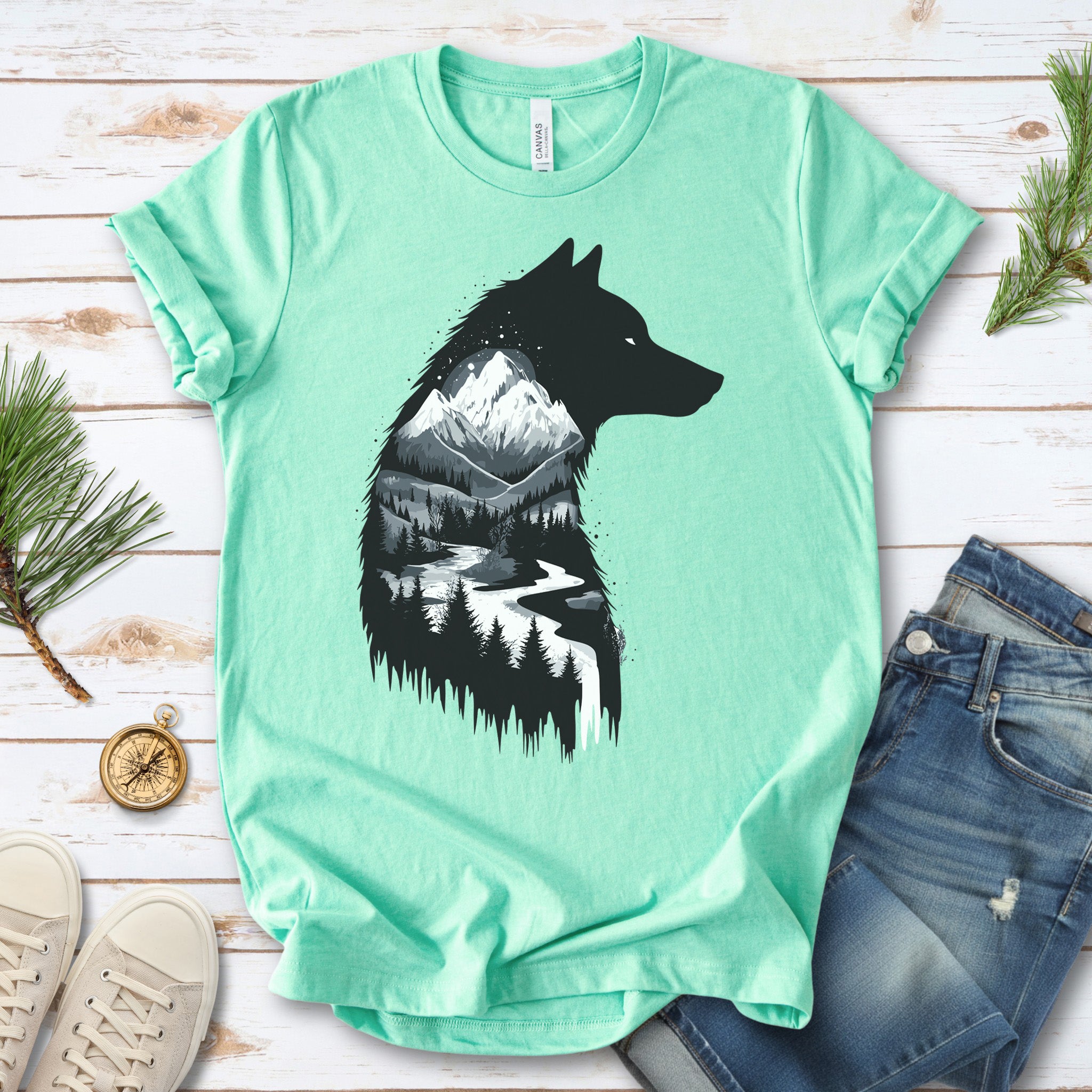 Wolf Mountain Spirit T-Shirt – Dark Forest Falls & Wilderness Soul Tee