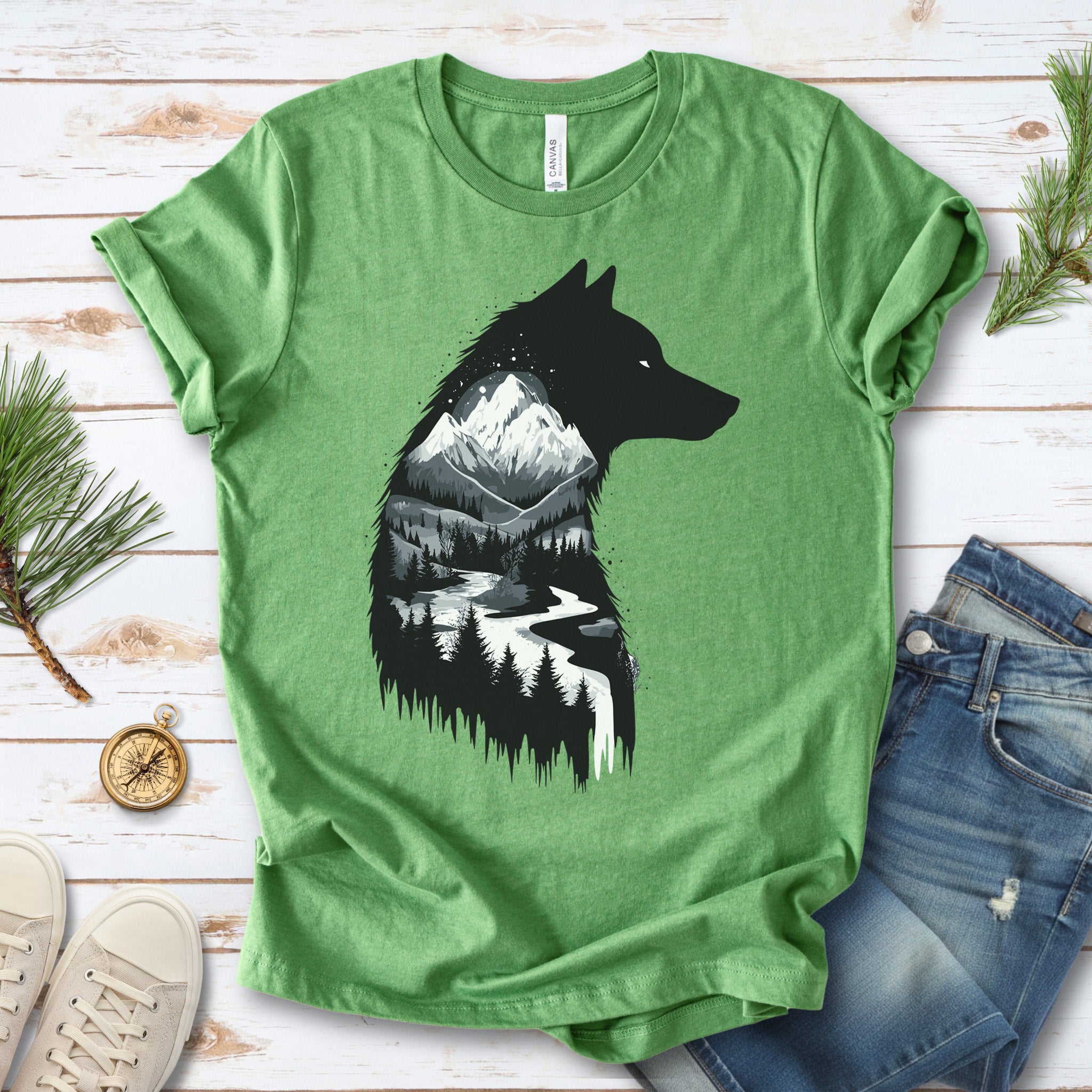 Wolf Mountain Spirit T-Shirt – Dark Forest Falls & Wilderness Soul Tee