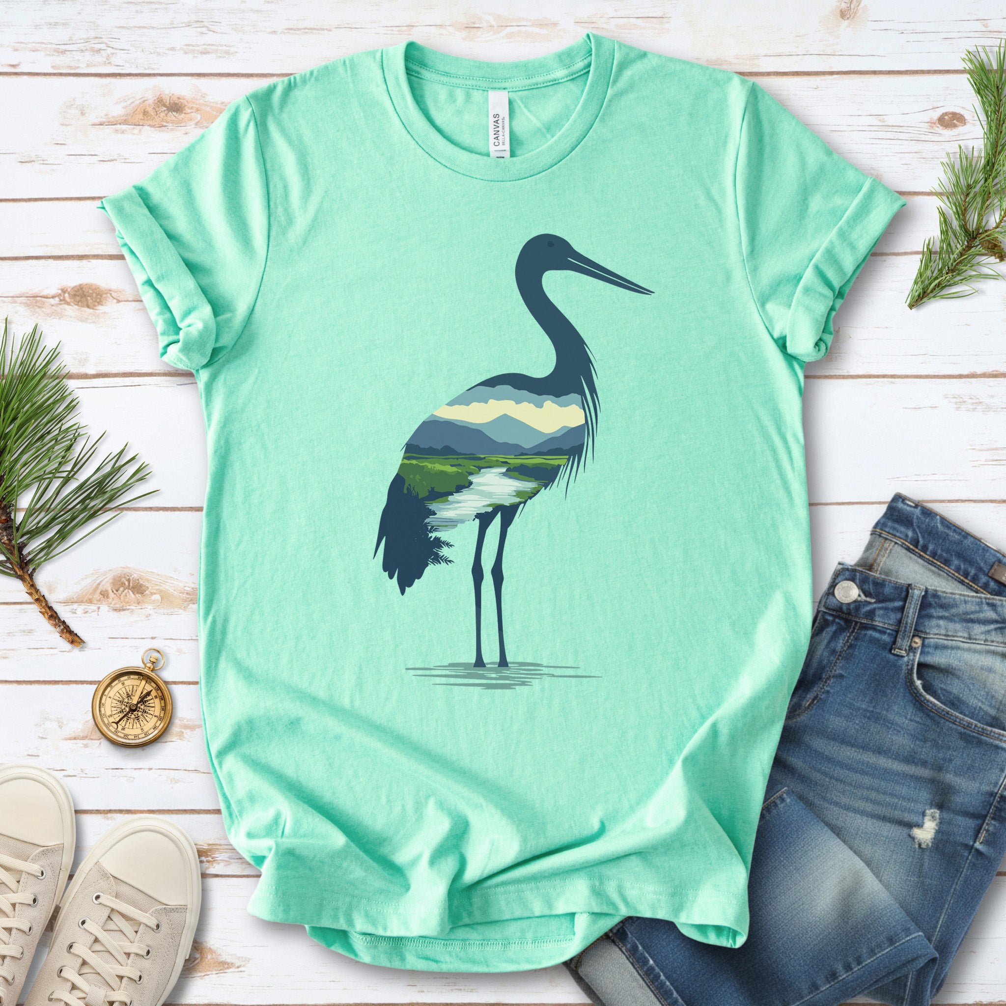 River Valley Stork T-Shirt – Serene Nature Spirit Bird Tee