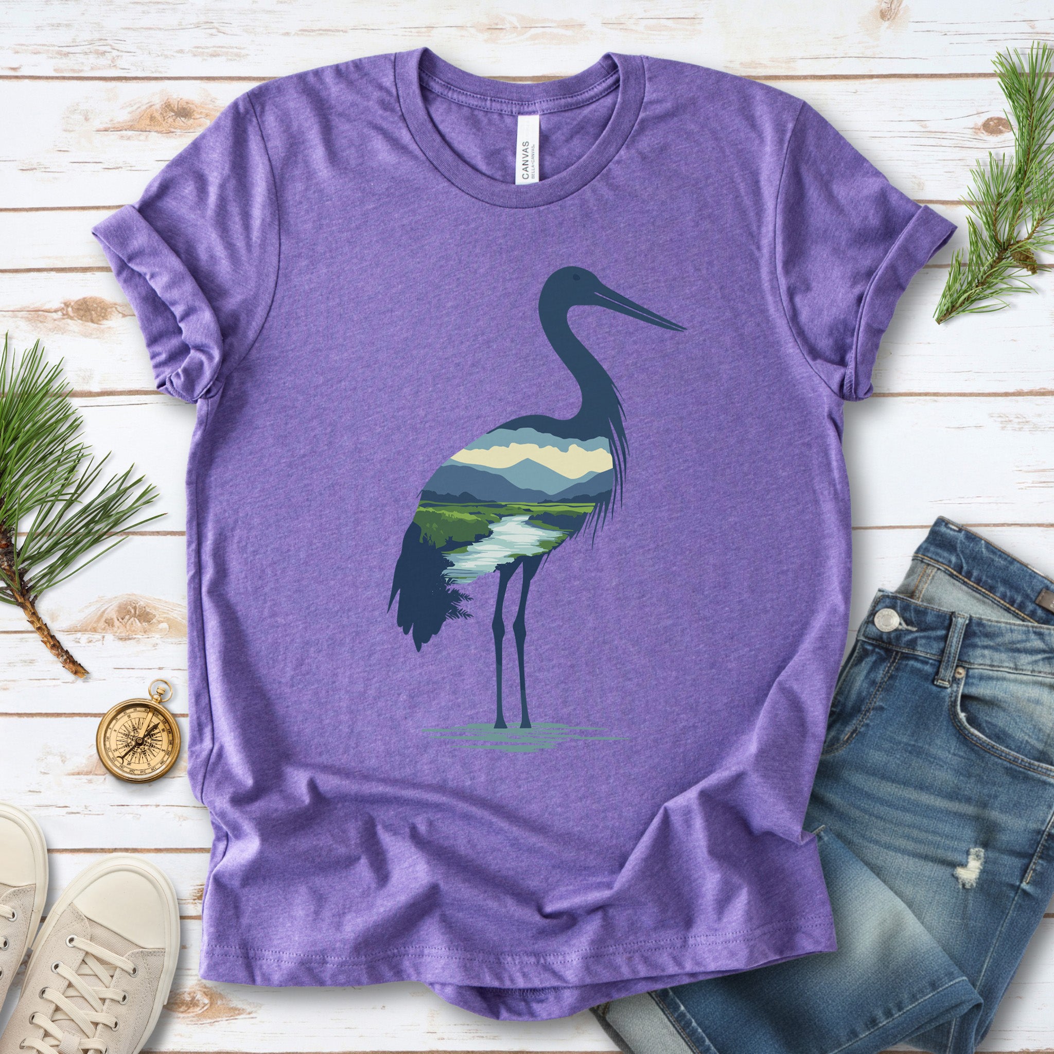 River Valley Stork T-Shirt – Serene Nature Spirit Bird Tee