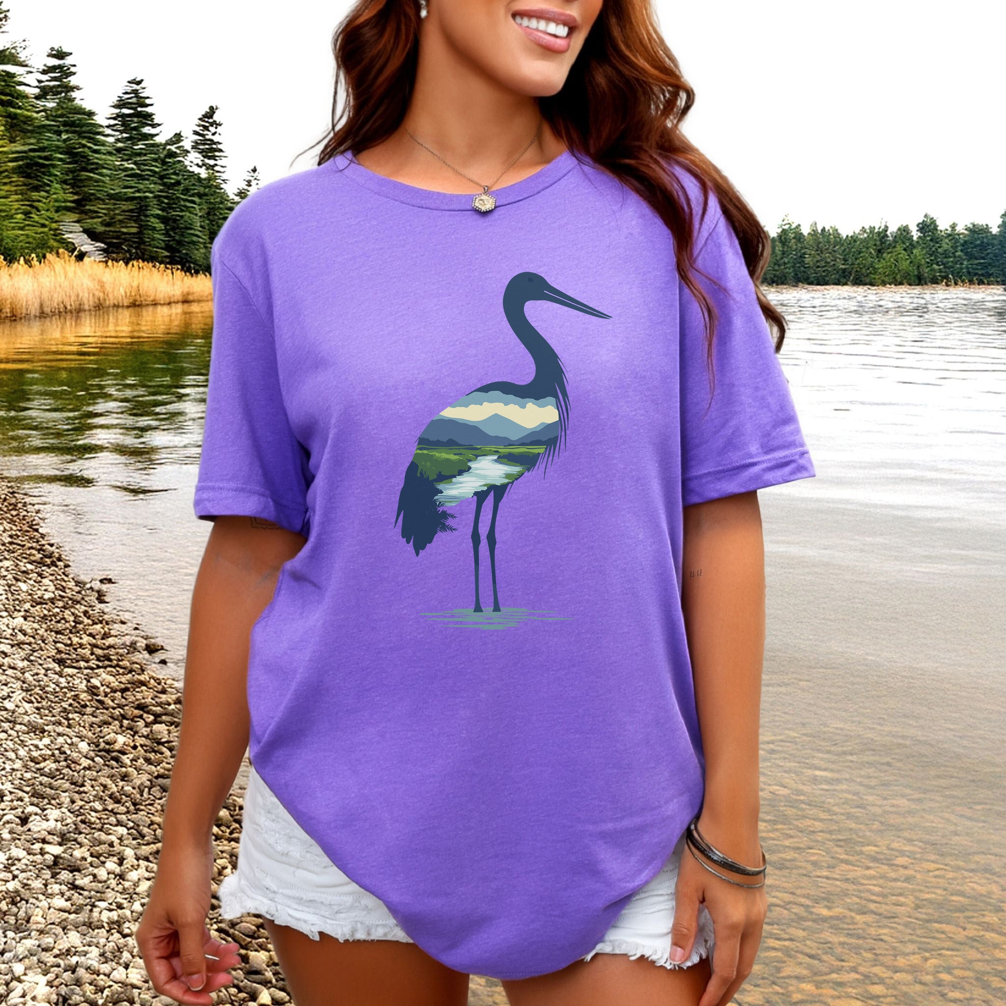 River Valley Stork T-Shirt – Serene Nature Spirit Bird Tee