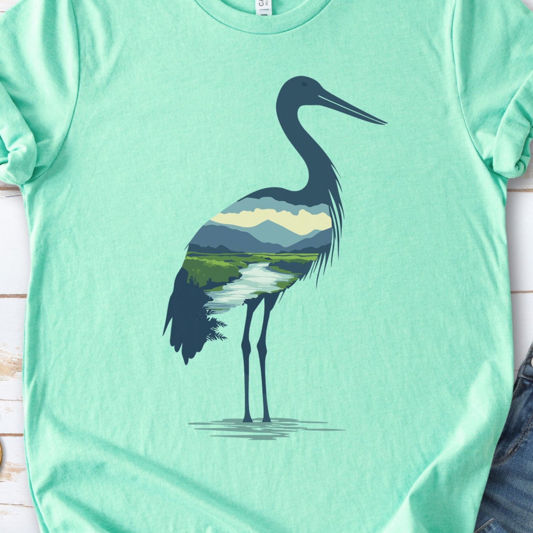 River Valley Stork T-Shirt – Serene Nature Spirit Bird Tee