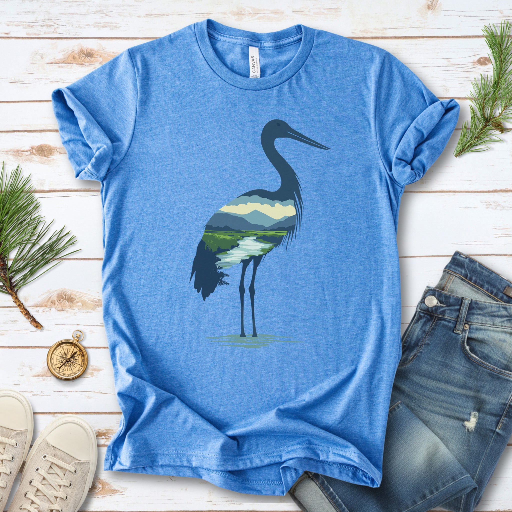 River Valley Stork T-Shirt – Serene Nature Spirit Bird Tee