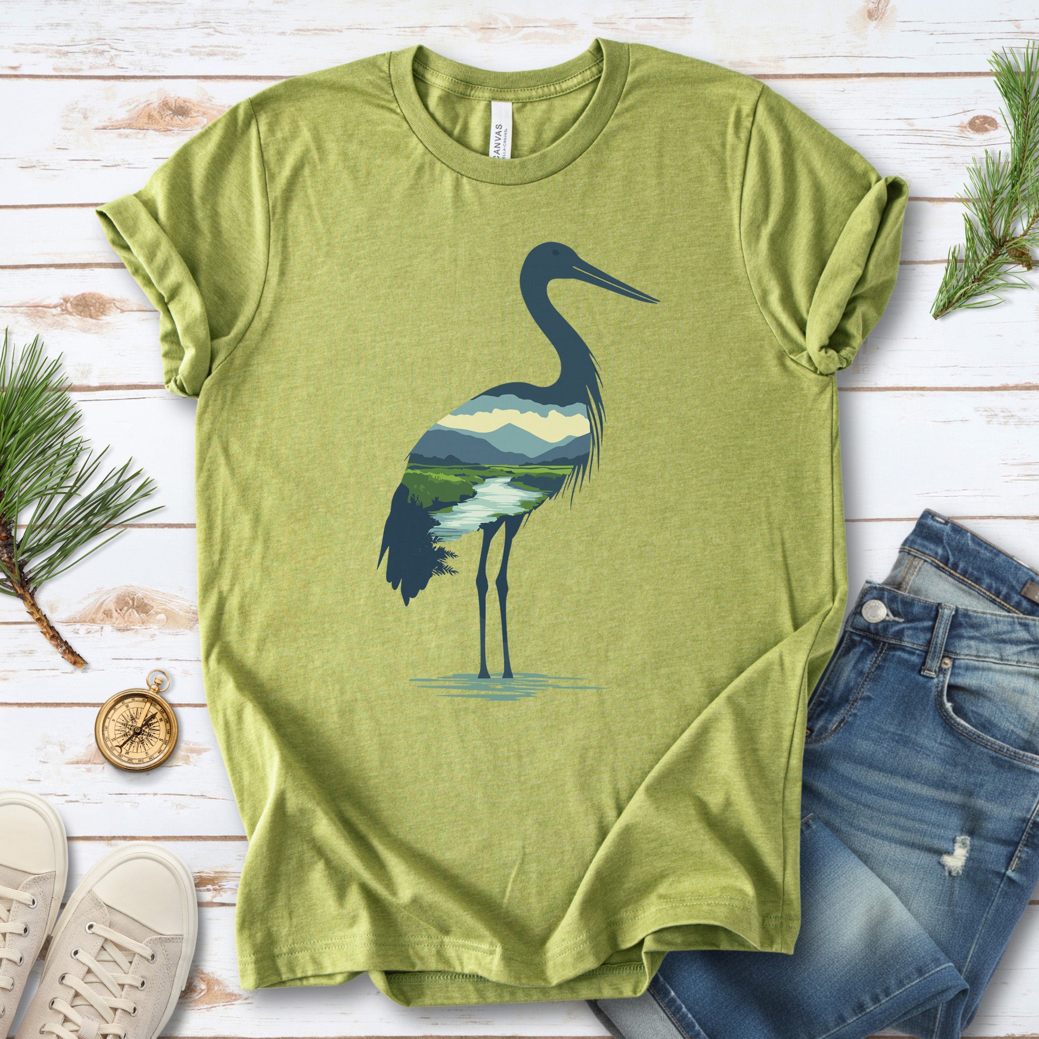 River Valley Stork T-Shirt – Serene Nature Spirit Bird Tee
