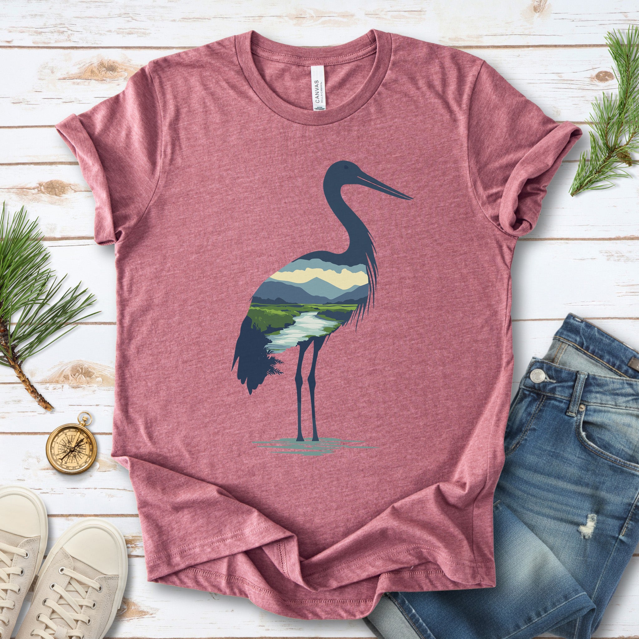 River Valley Stork T-Shirt – Serene Nature Spirit Bird Tee