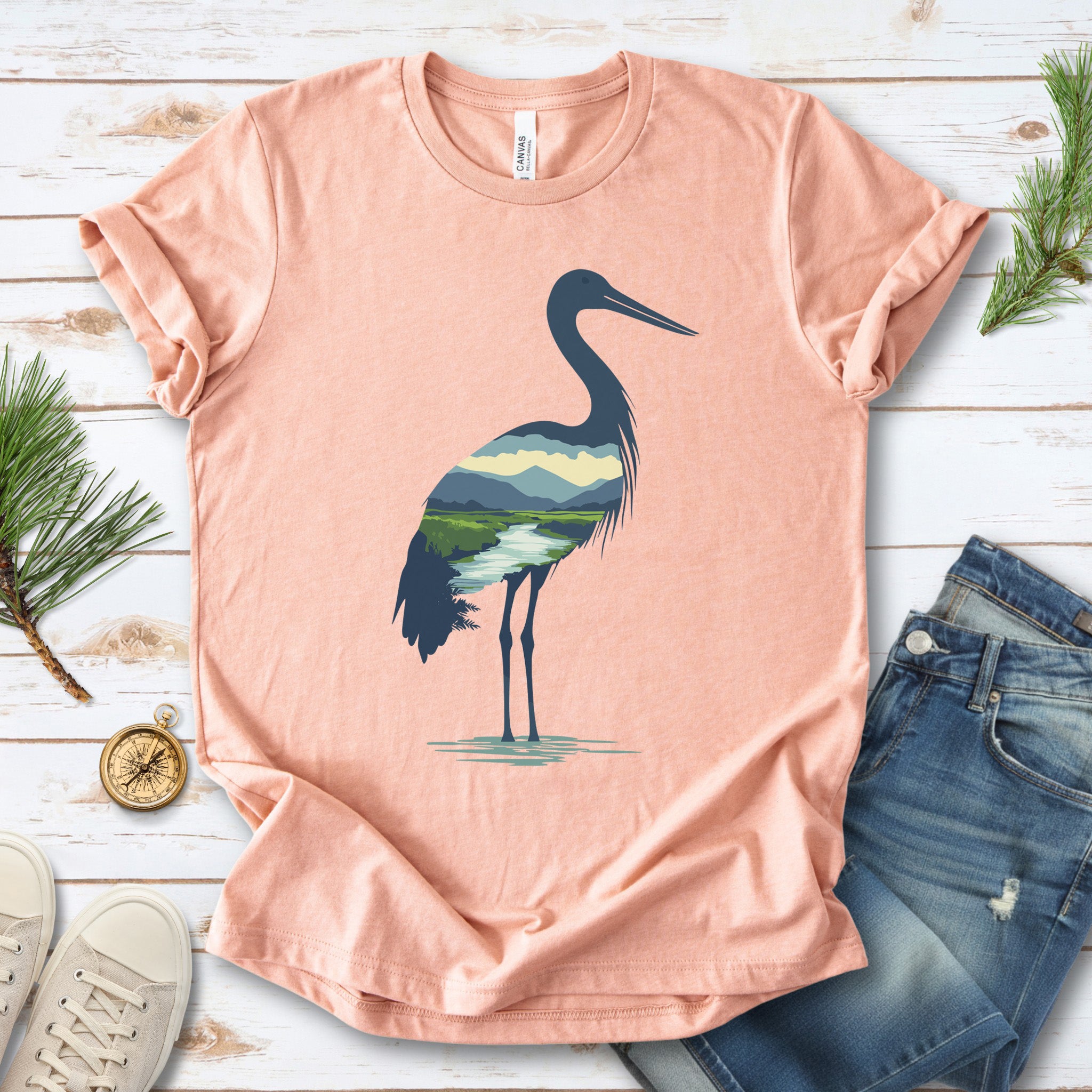 River Valley Stork T-Shirt – Serene Nature Spirit Bird Tee