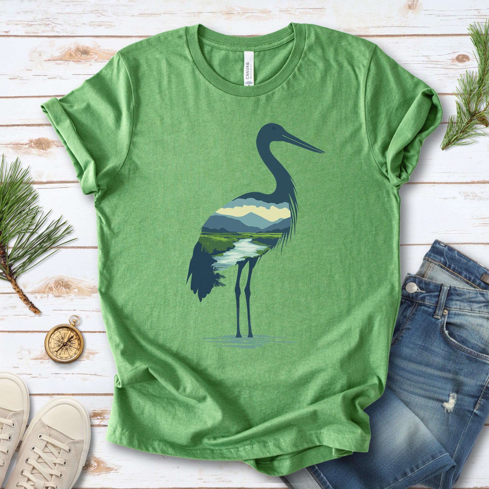 River Valley Stork T-Shirt – Serene Nature Spirit Bird Tee
