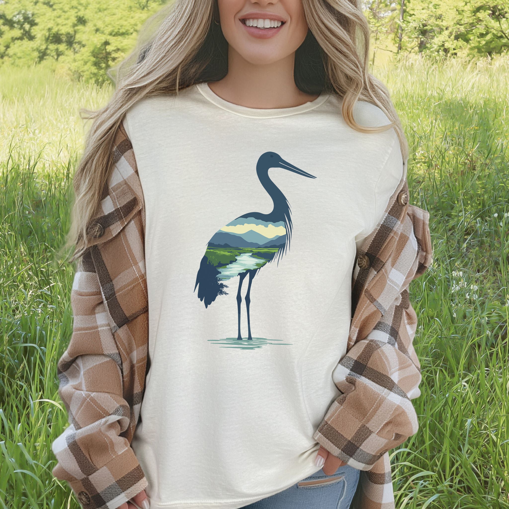 River Valley Stork T-Shirt – Serene Nature Spirit Bird Tee