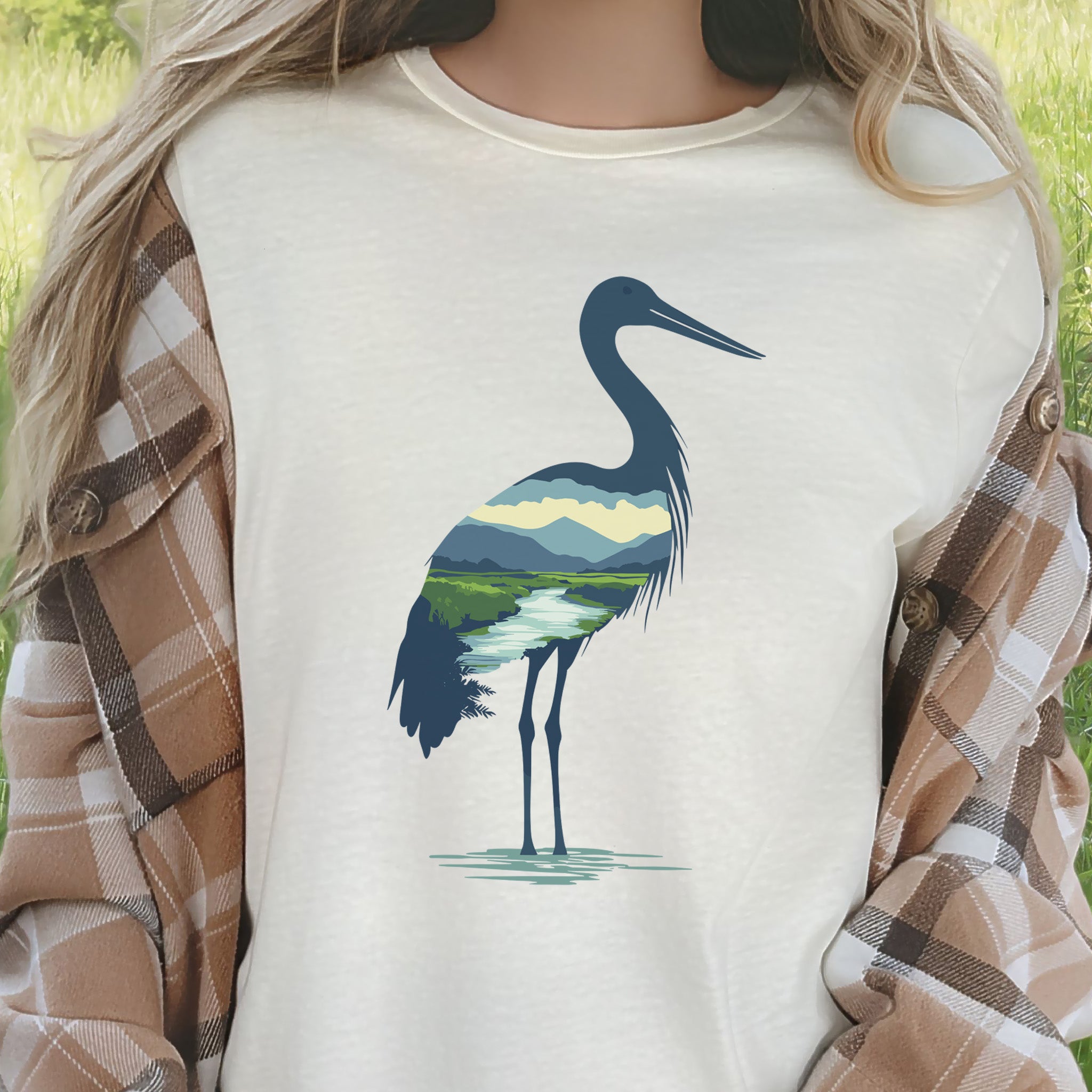 River Valley Stork T-Shirt – Serene Nature Spirit Bird Tee