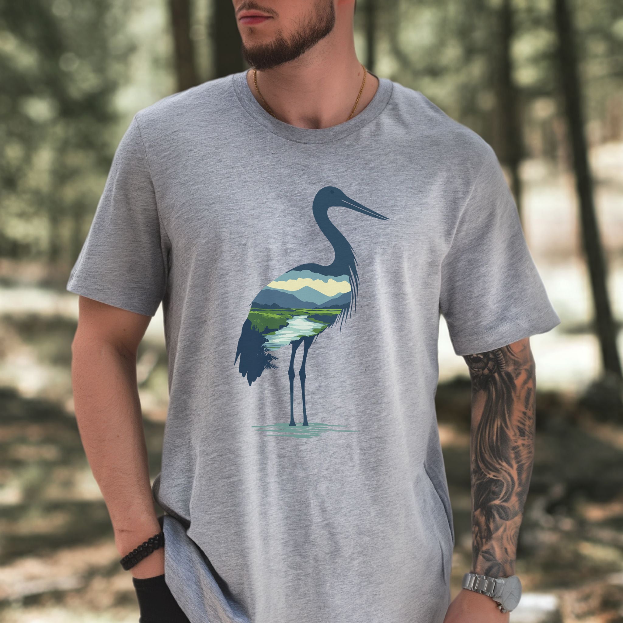 River Valley Stork T-Shirt – Serene Nature Spirit Bird Tee