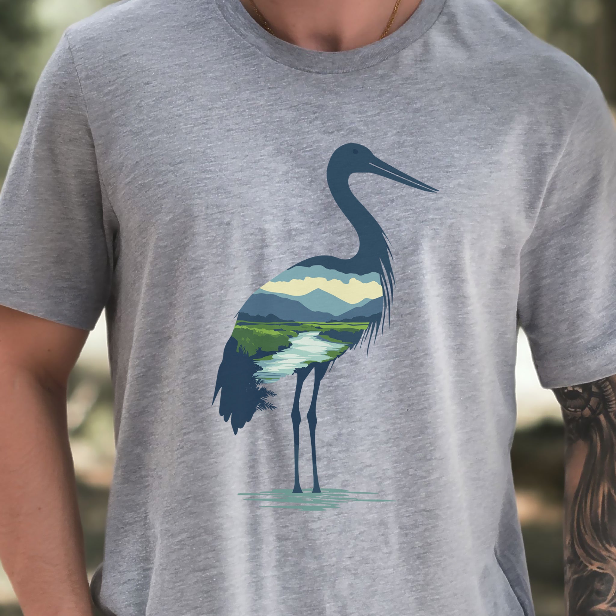 River Valley Stork T-Shirt – Serene Nature Spirit Bird Tee