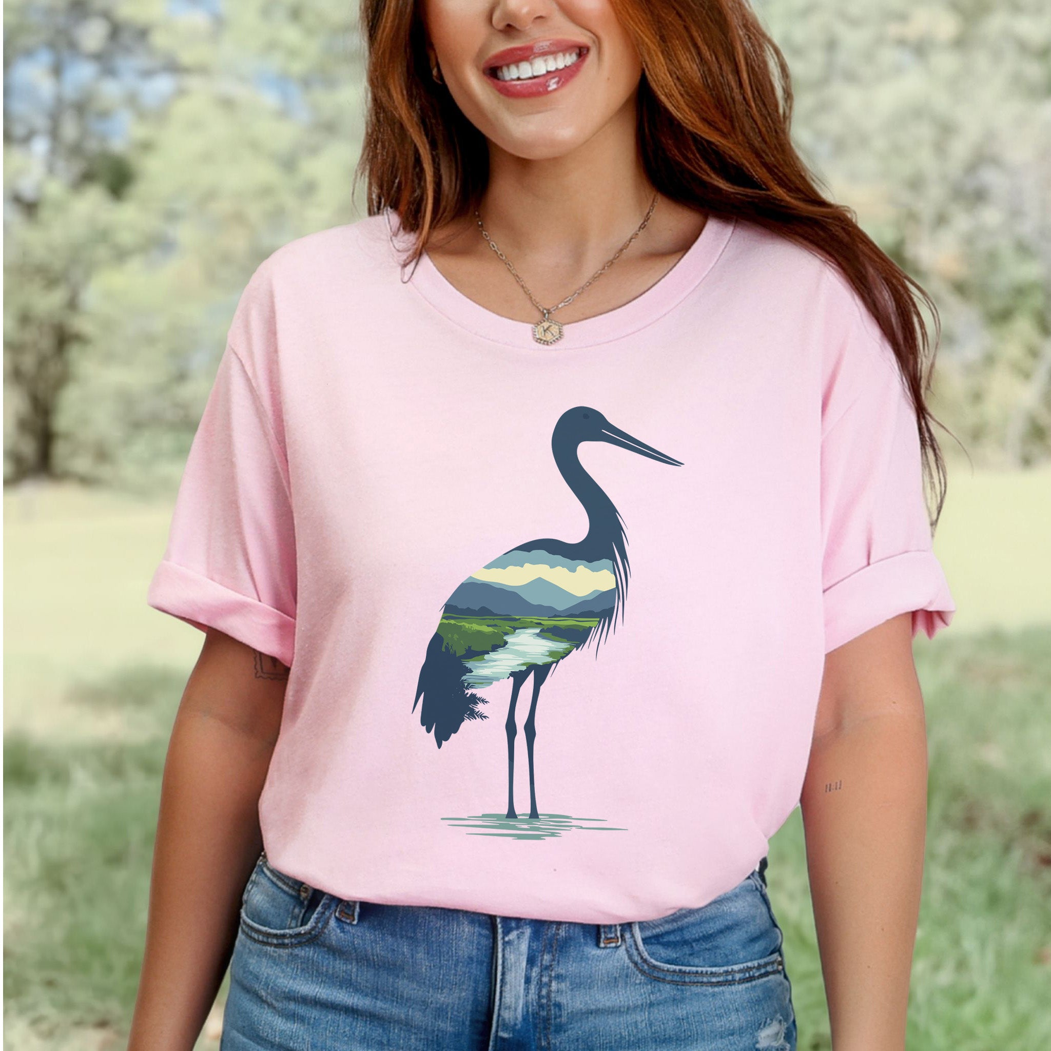 River Valley Stork T-Shirt – Serene Nature Spirit Bird Tee