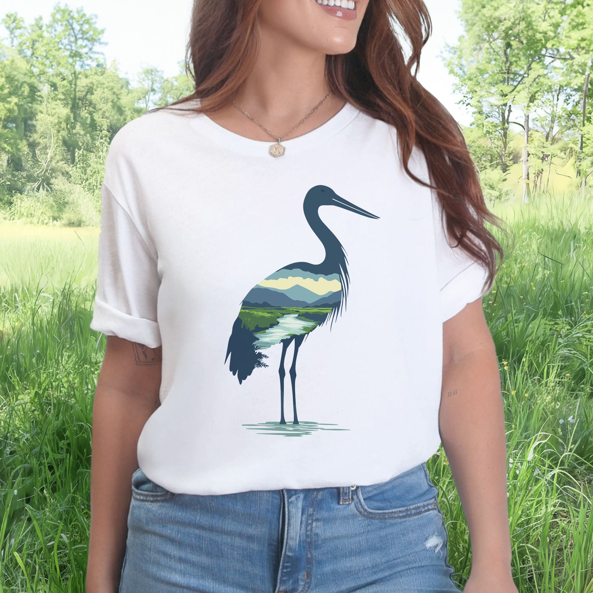 River Valley Stork T-Shirt – Serene Nature Spirit Bird Tee