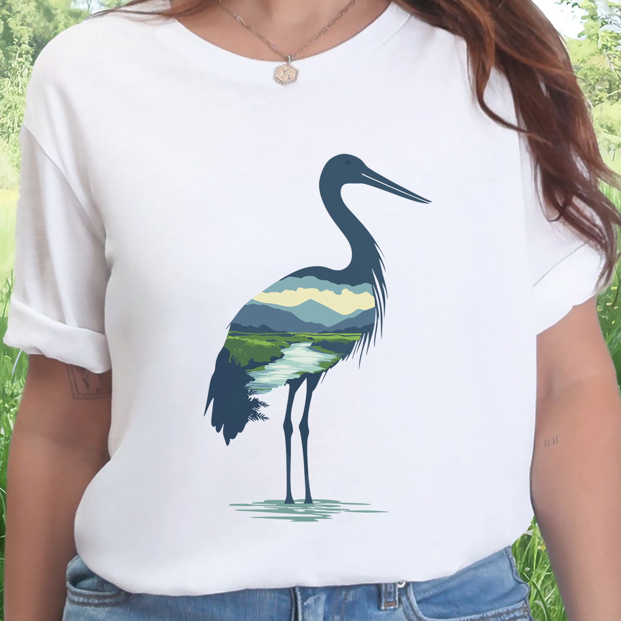 River Valley Stork T-Shirt – Serene Nature Spirit Bird Tee
