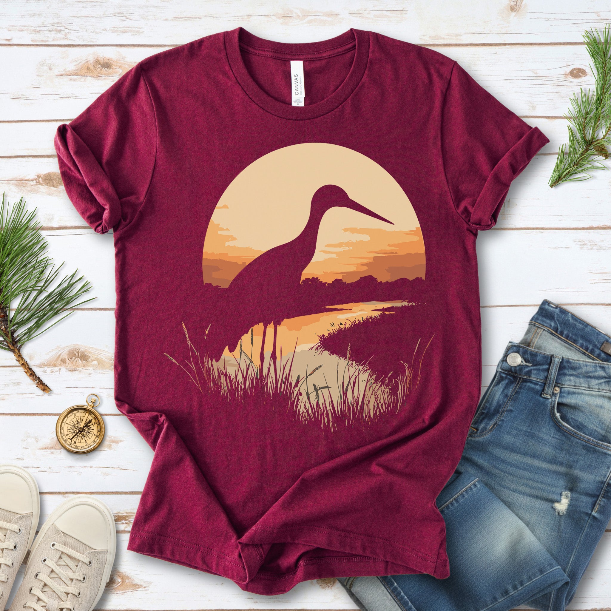 Stork River Sunset T-Shirt – Peaceful Safari Bird Lover Tee