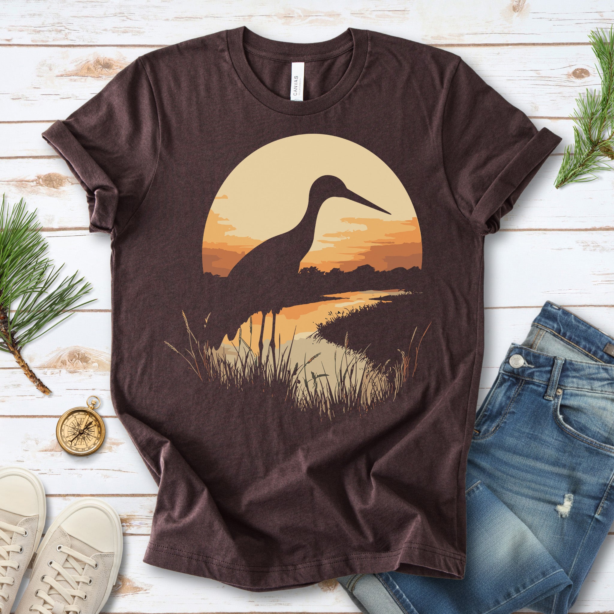 Stork River Sunset T-Shirt – Peaceful Safari Bird Lover Tee