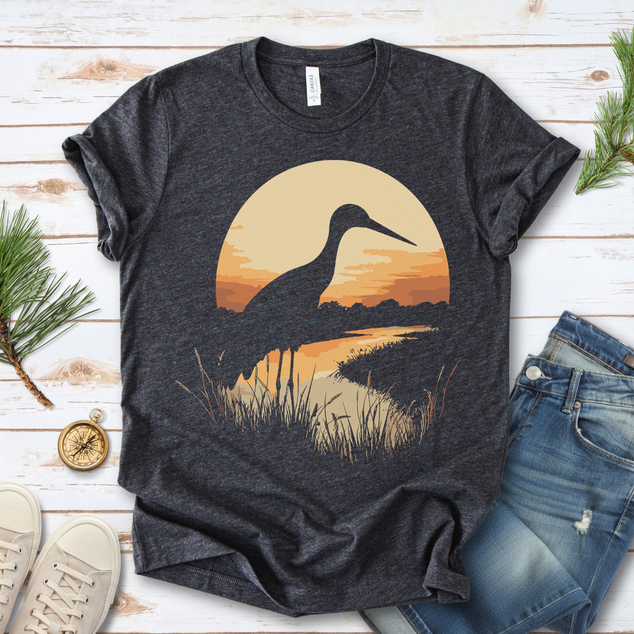 Stork River Sunset T-Shirt – Peaceful Safari Bird Lover Tee