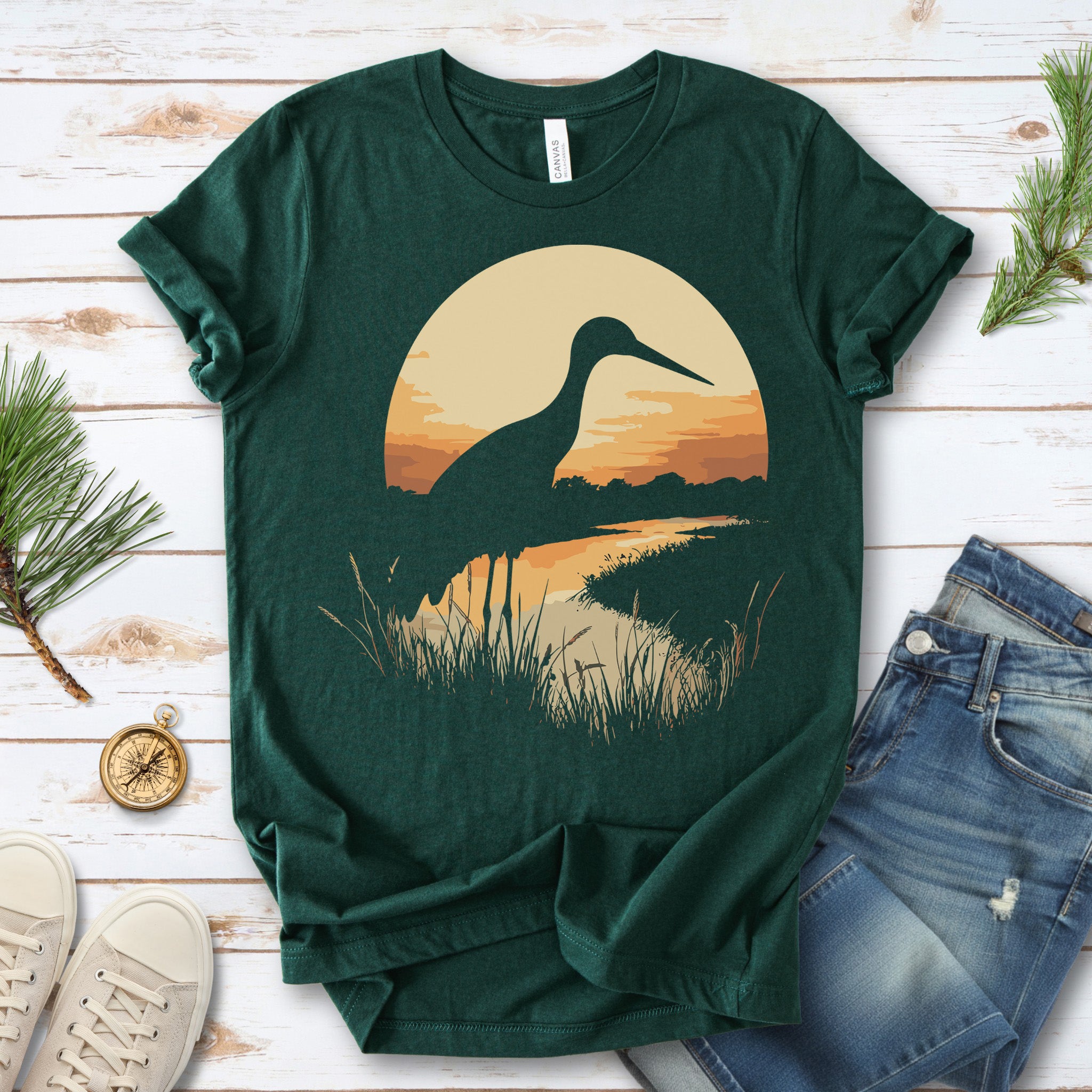 Stork River Sunset T-Shirt – Peaceful Safari Bird Lover Tee