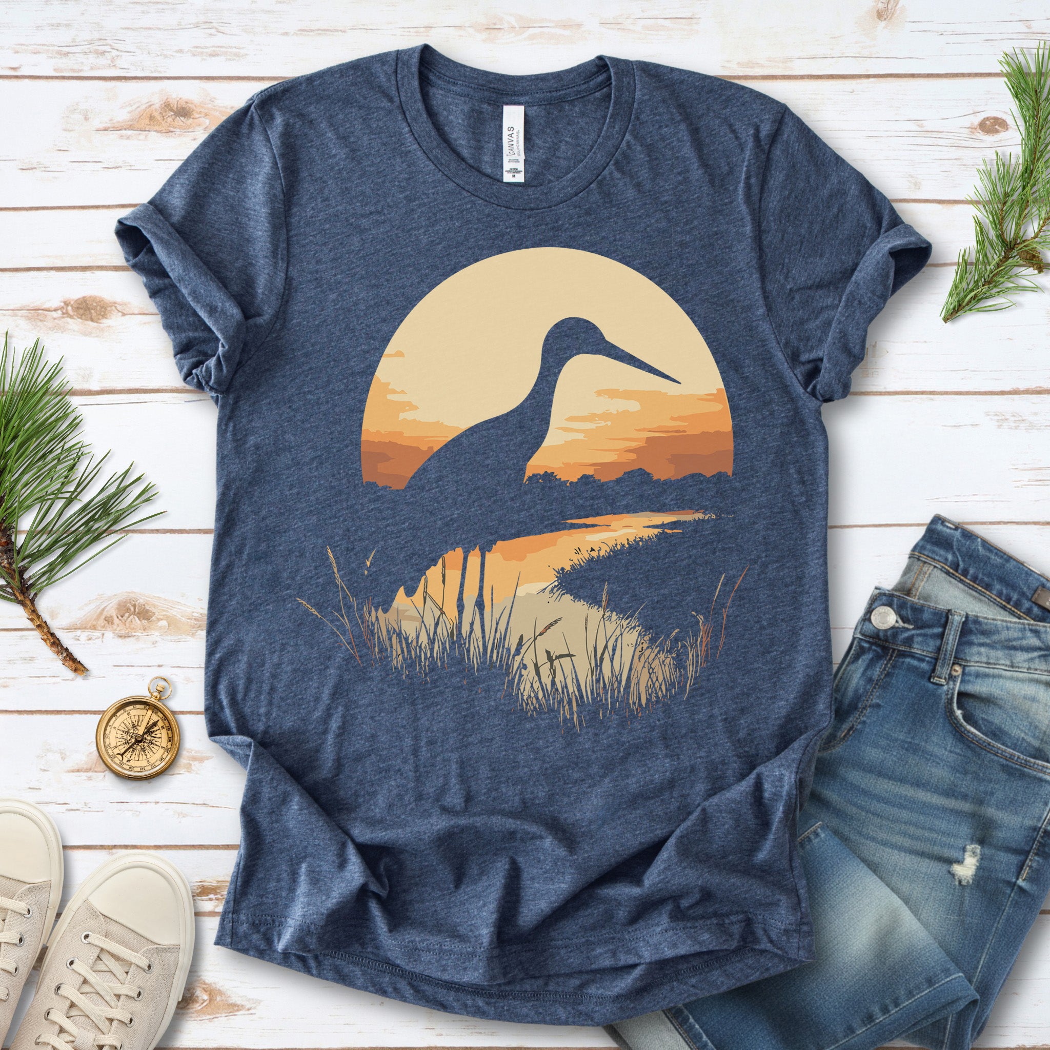 Stork River Sunset T-Shirt – Peaceful Safari Bird Lover Tee