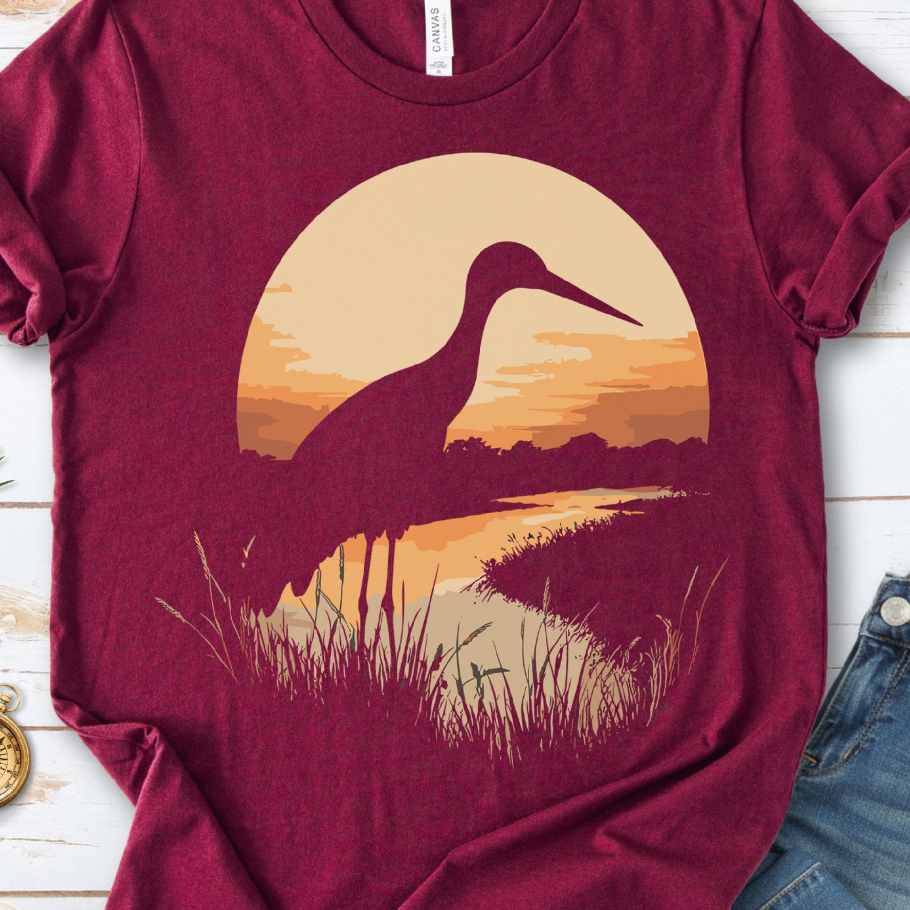 Stork River Sunset T-Shirt – Peaceful Safari Bird Lover Tee