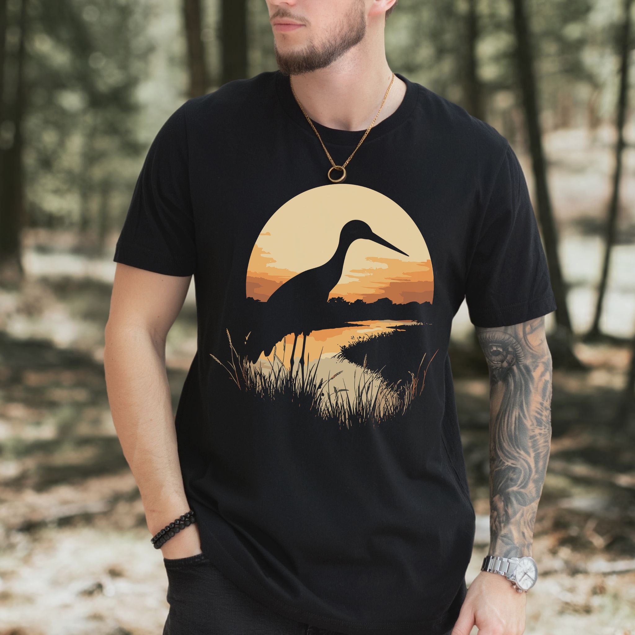 Stork River Sunset T-Shirt – Peaceful Safari Bird Lover Tee