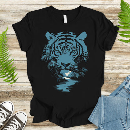 Tiger face t-shirt featuring a vibrant print of a jungle and river, perfect for wildlife enthusiasts.