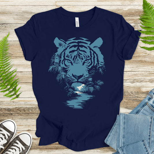 Navy t-shirt featuring a vibrant tiger face print with a jungle and river design, perfect for wildlife lovers.