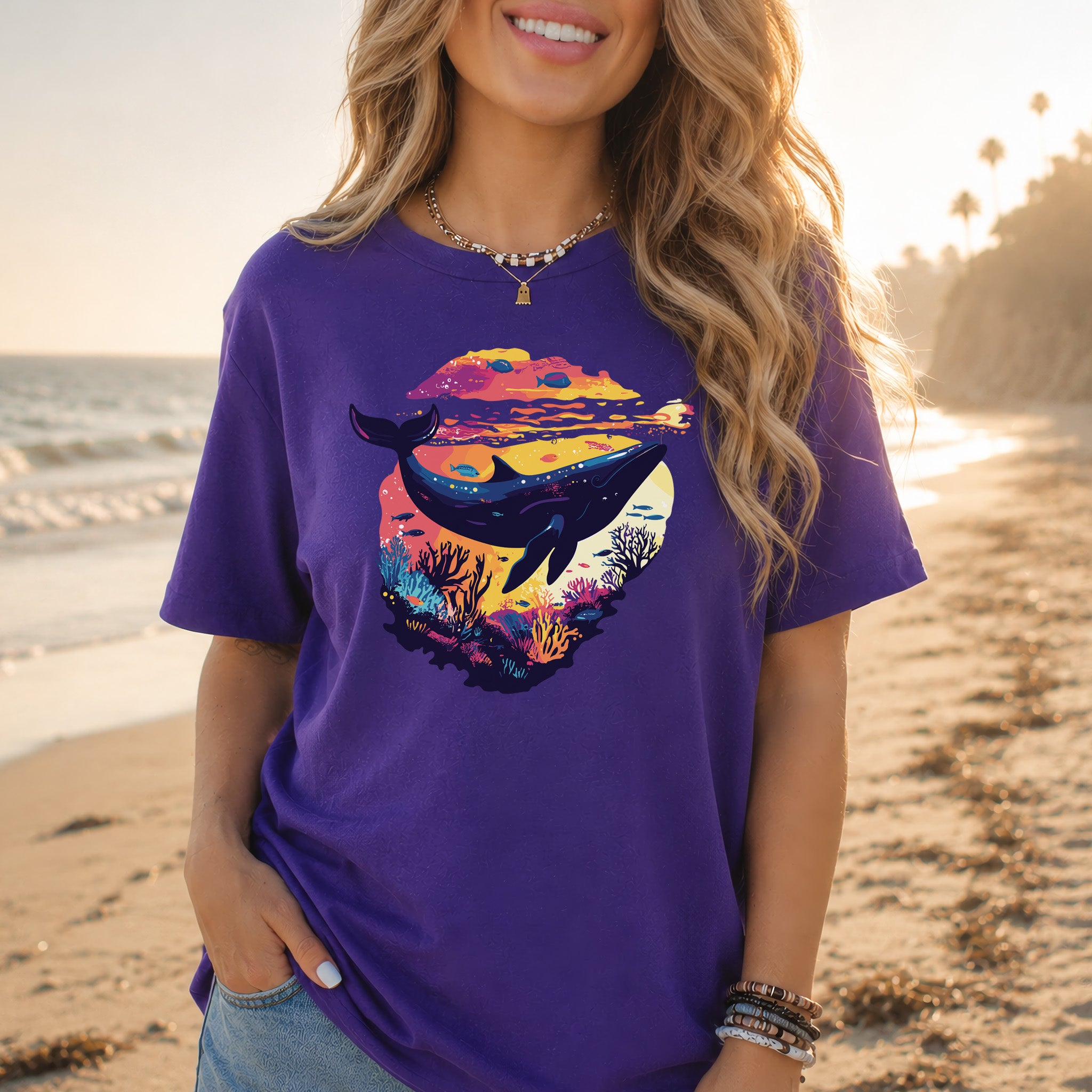 Whale in Coral Sunset T-Shirt – Dreamy Ocean Lover Graphic Tee