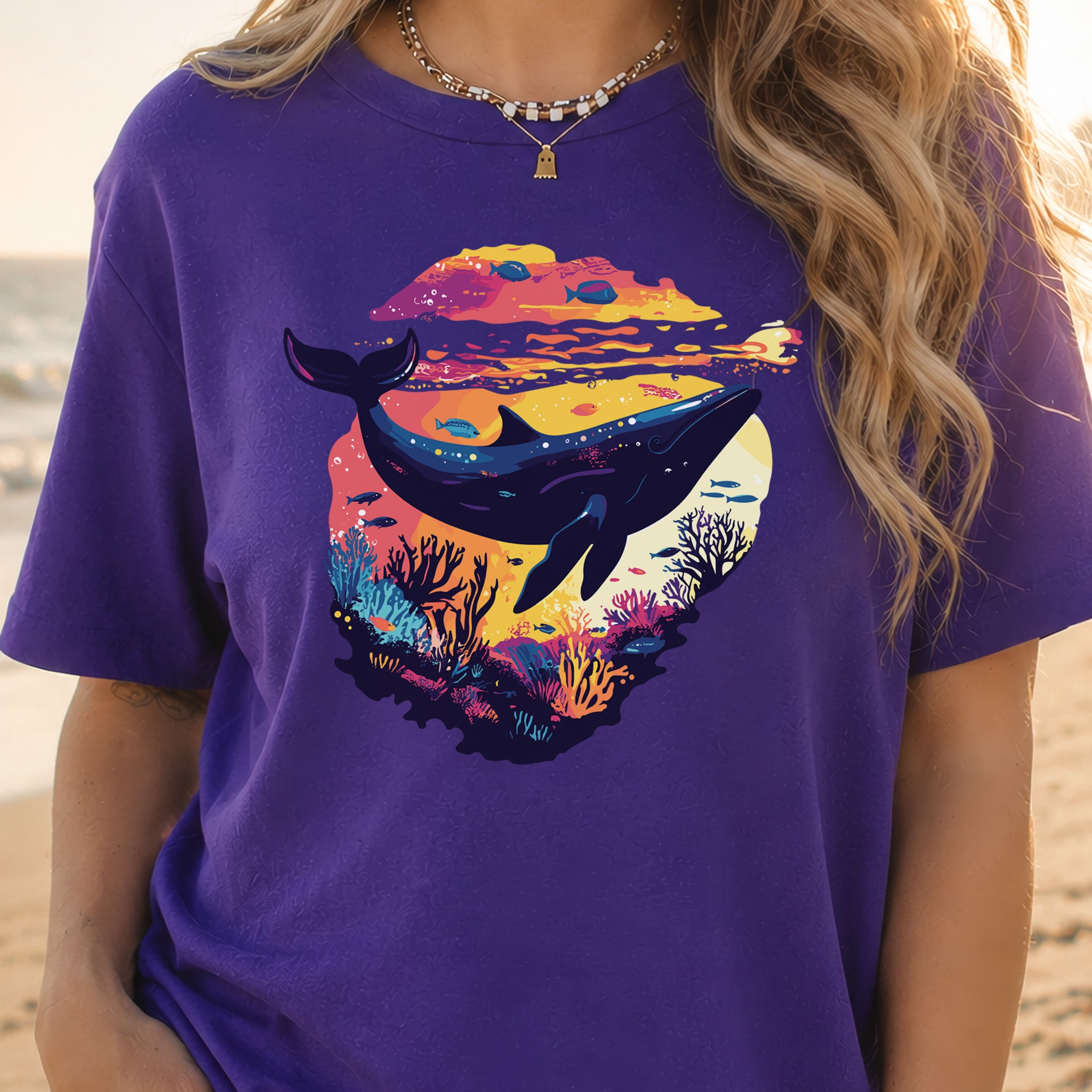 Whale in Coral Sunset T-Shirt – Dreamy Ocean Lover Graphic Tee