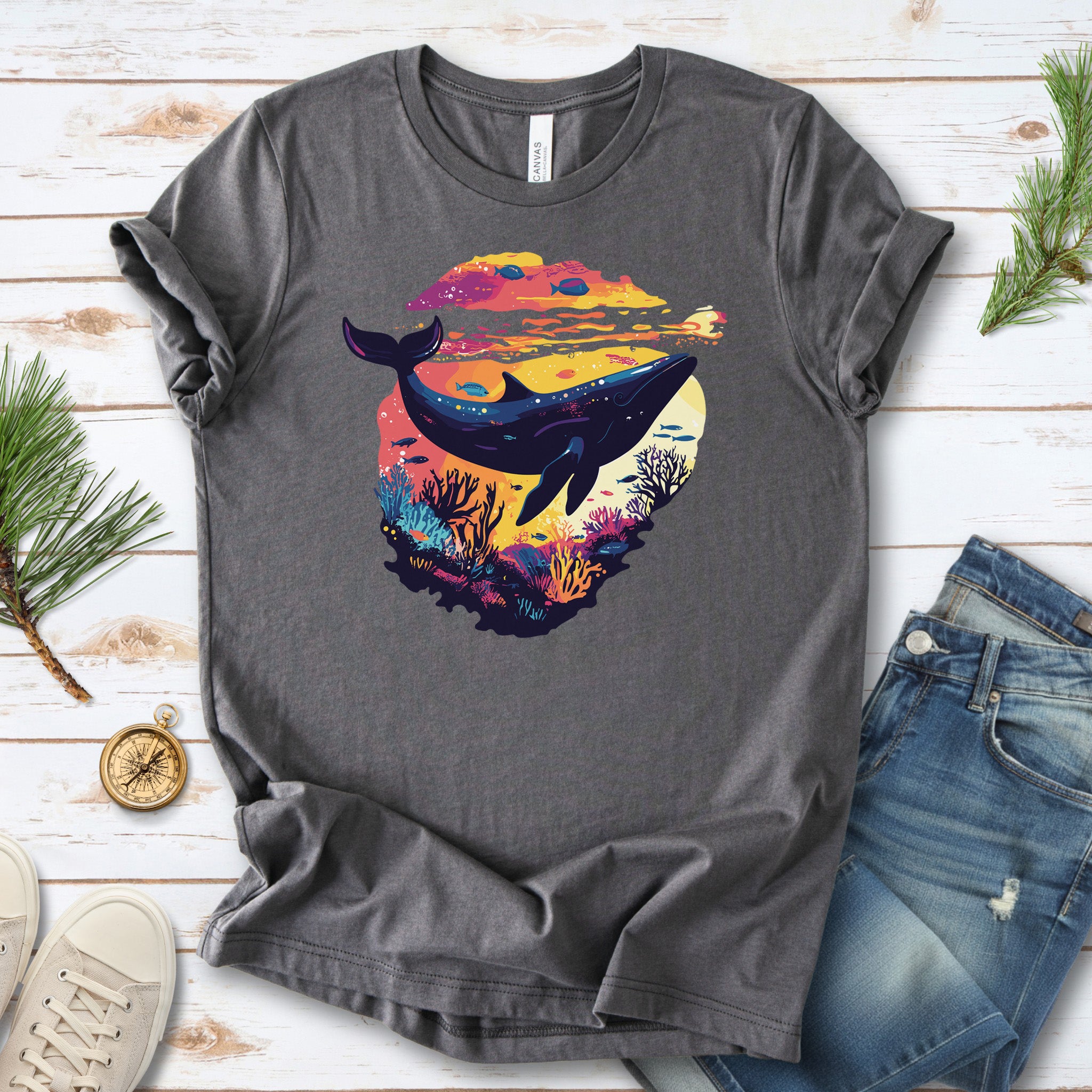 Whale in Coral Sunset T-Shirt – Dreamy Ocean Lover Graphic Tee