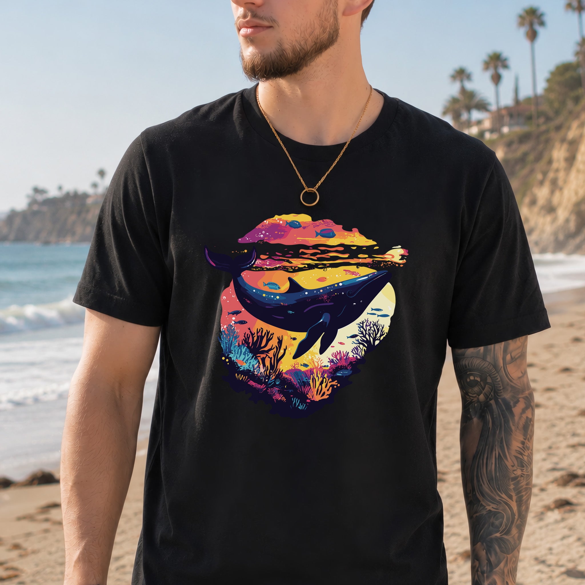 Whale in Coral Sunset T-Shirt – Dreamy Ocean Lover Graphic Tee