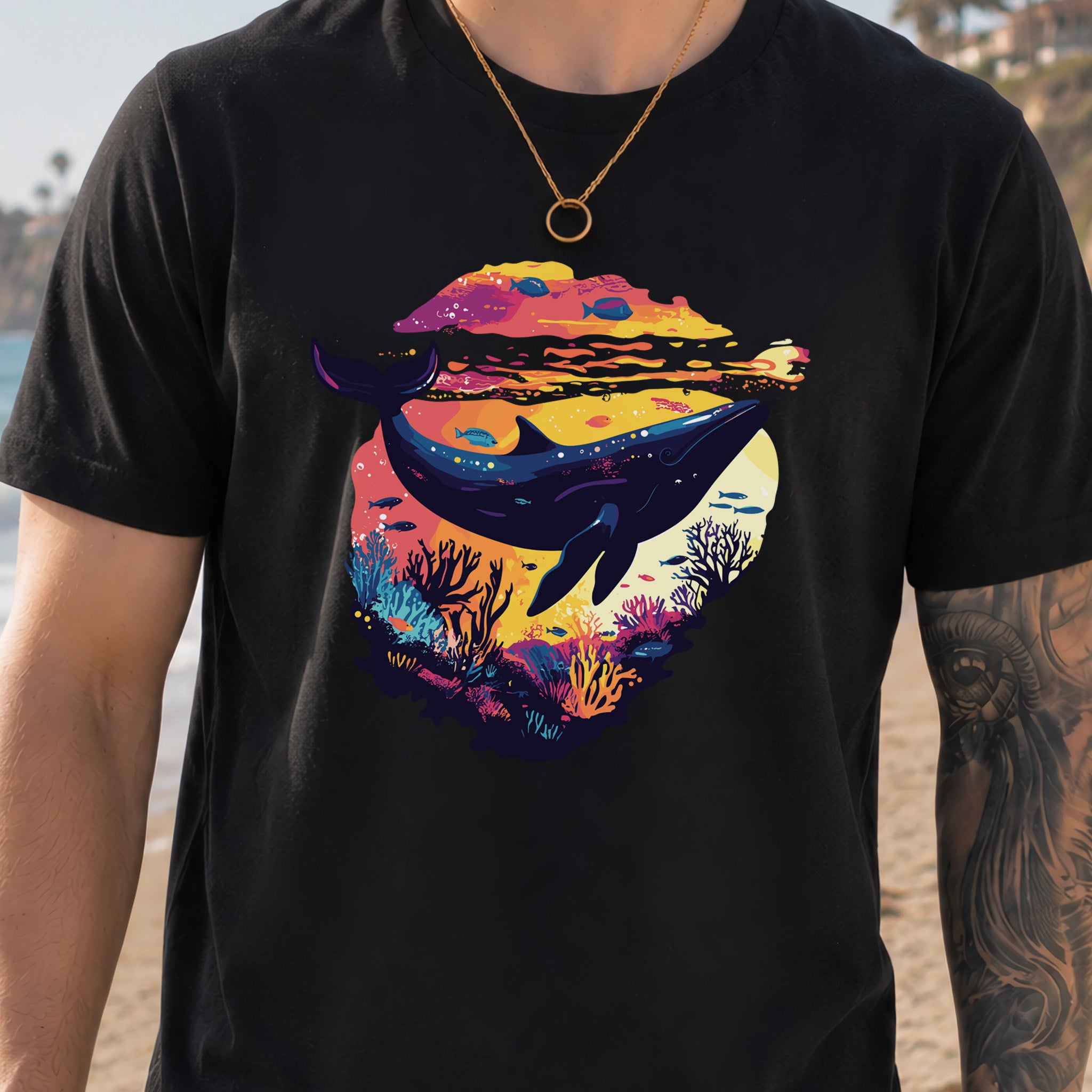 Whale in Coral Sunset T-Shirt – Dreamy Ocean Lover Graphic Tee