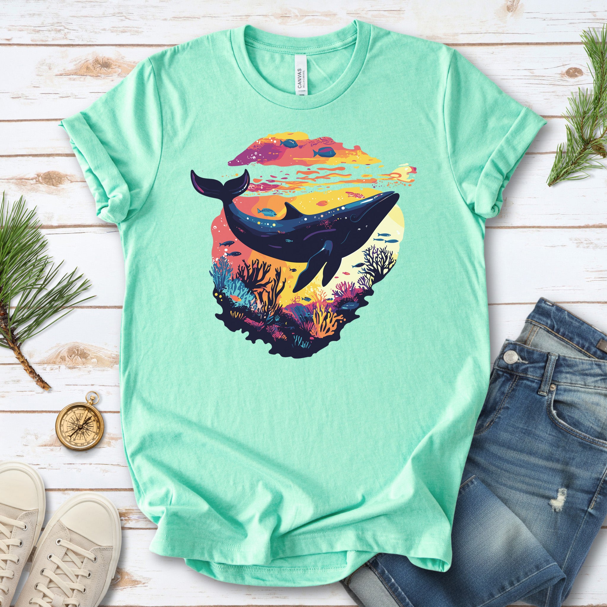 Whale in Coral Sunset T-Shirt – Dreamy Ocean Lover Graphic Tee