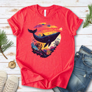 Whale in Coral Sunset T-Shirt – Dreamy Ocean Lover Graphic Tee