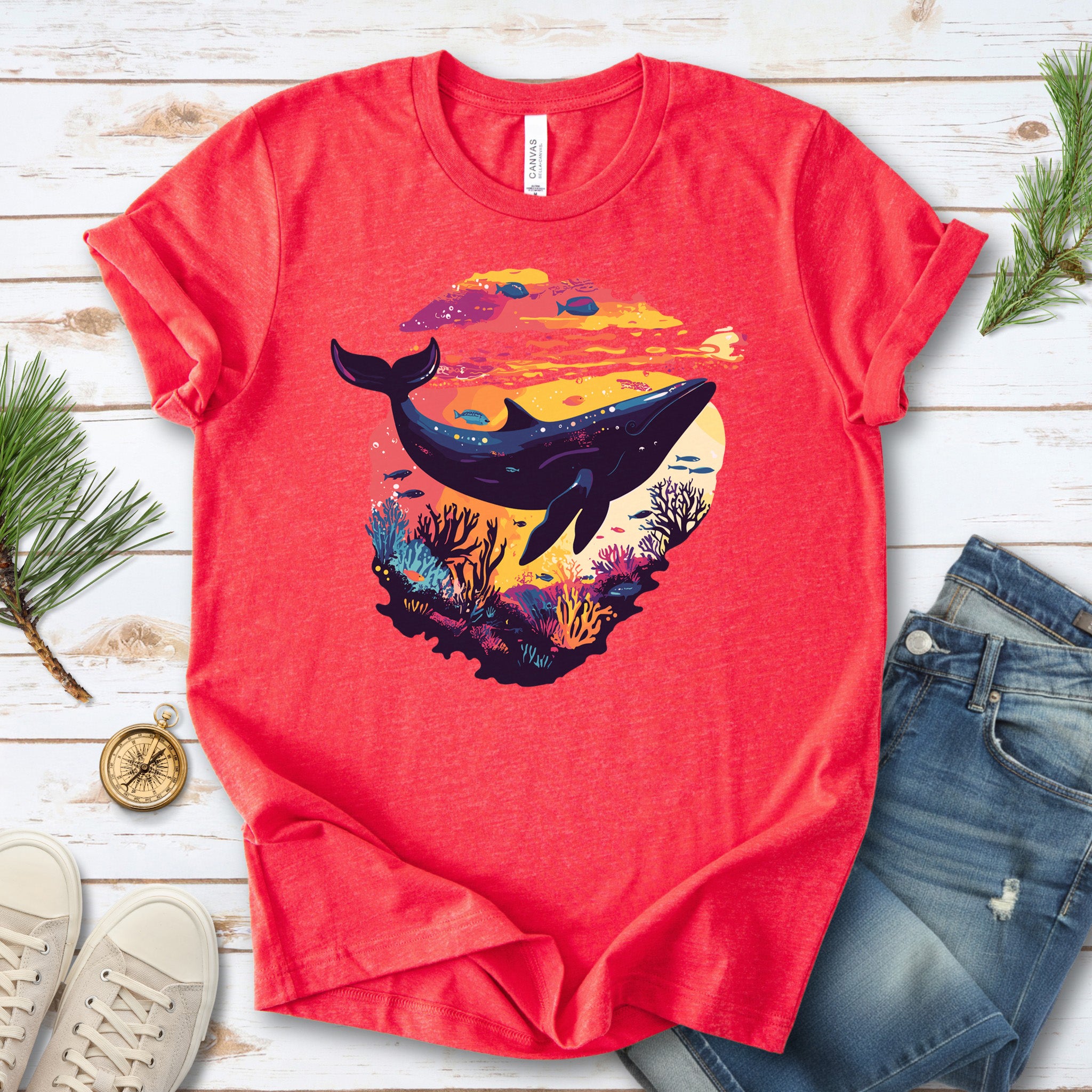 Whale in Coral Sunset T-Shirt – Dreamy Ocean Lover Graphic Tee