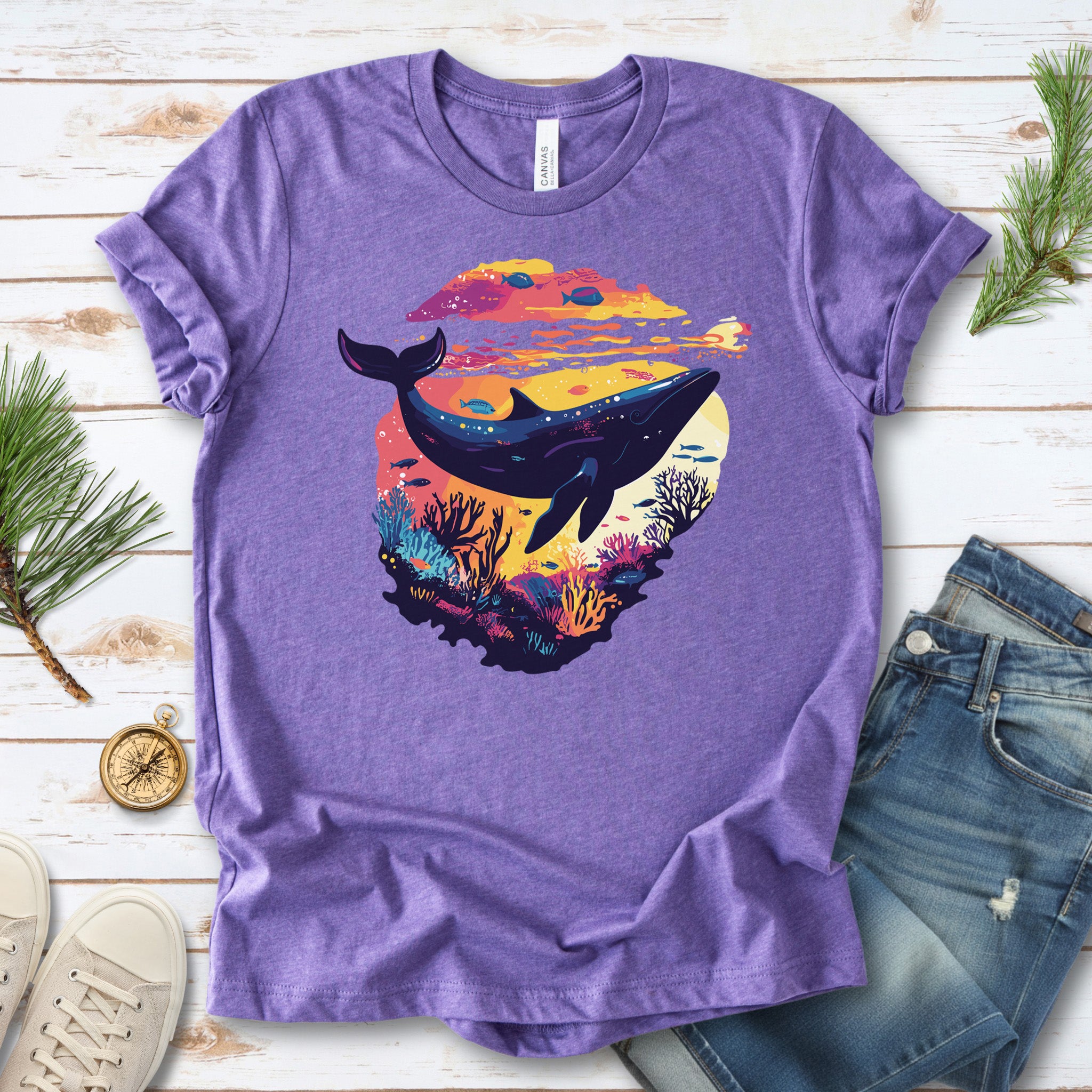 Whale in Coral Sunset T-Shirt – Dreamy Ocean Lover Graphic Tee
