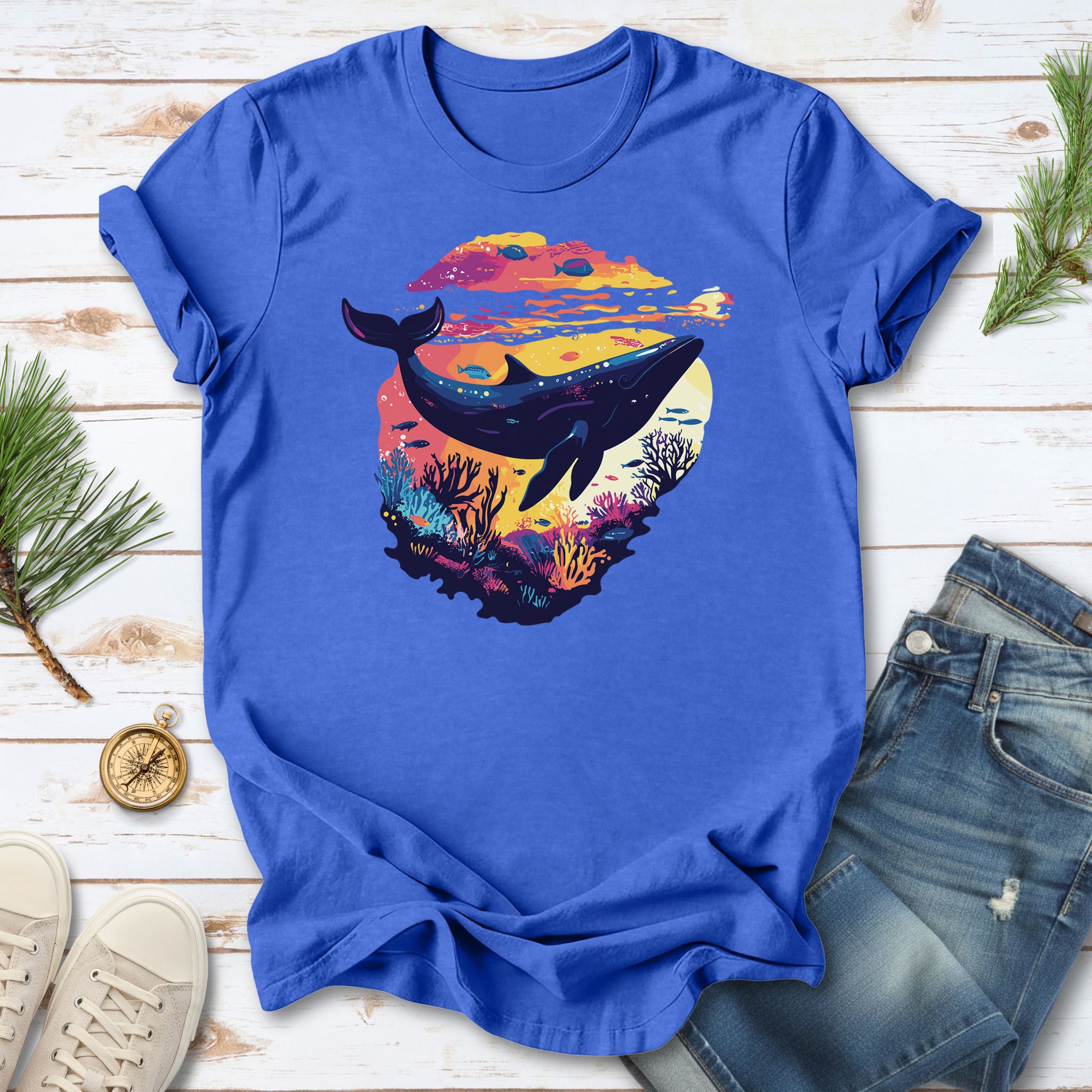 Whale in Coral Sunset T-Shirt – Dreamy Ocean Lover Graphic Tee