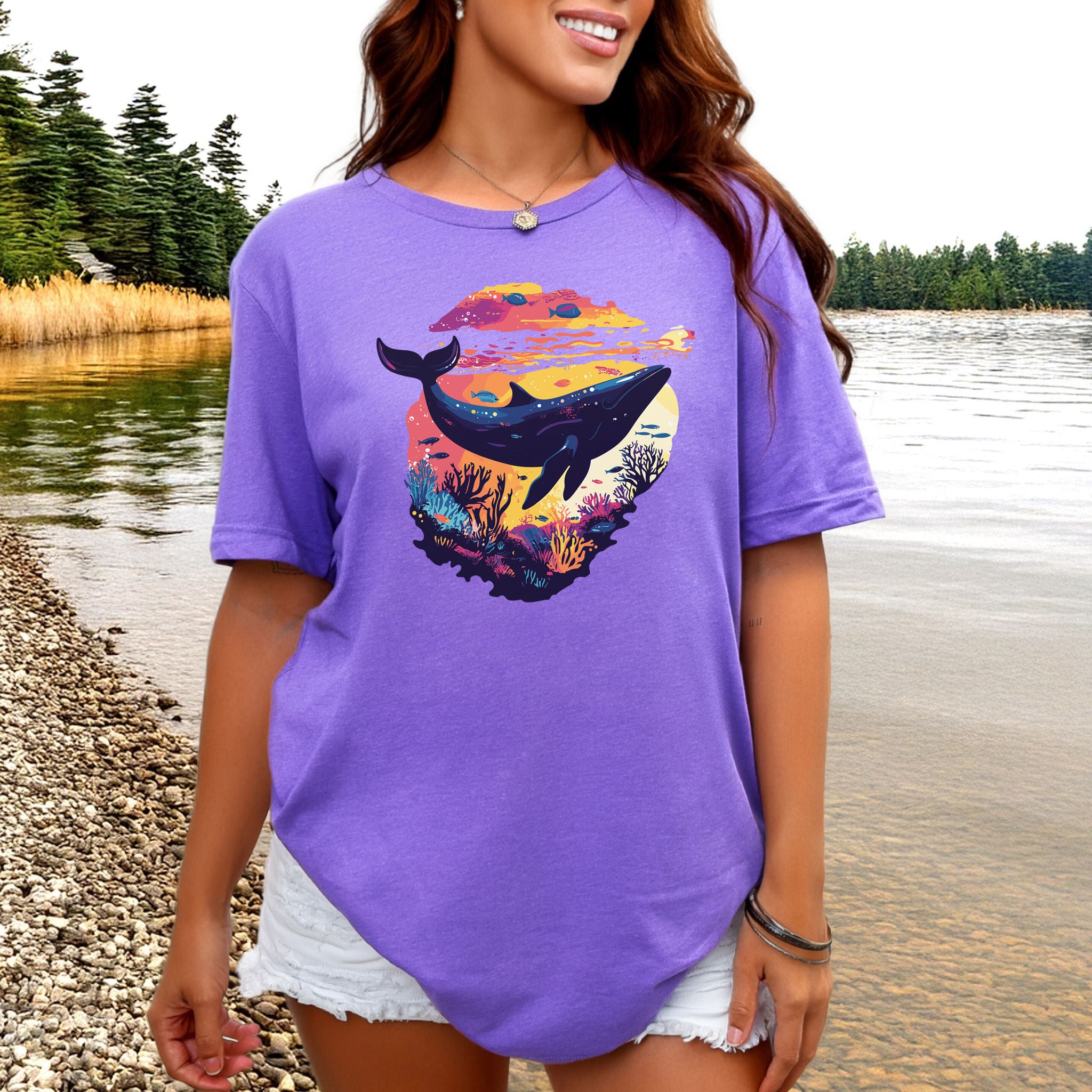 Whale in Coral Sunset T-Shirt – Dreamy Ocean Lover Graphic Tee