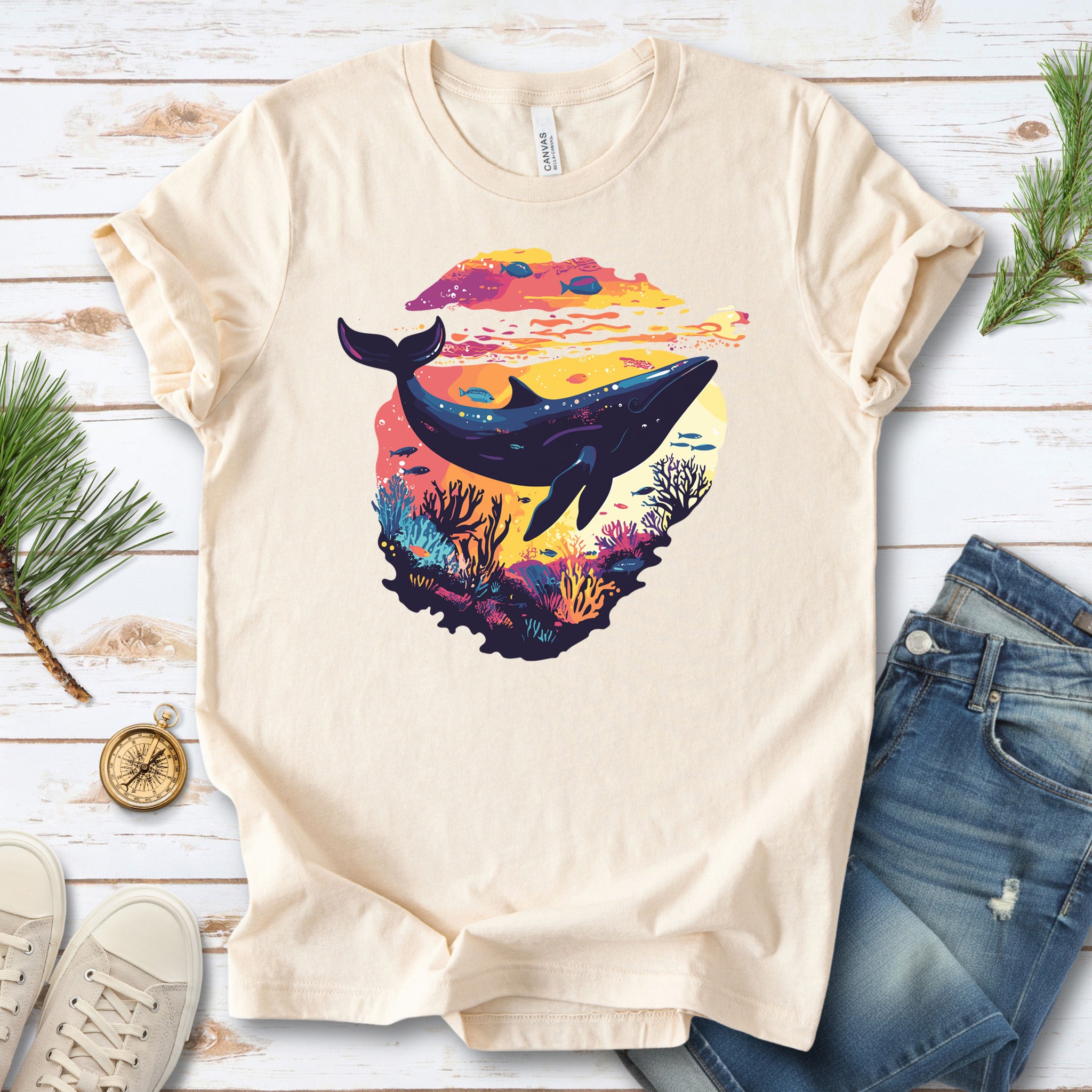 Whale in Coral Sunset T-Shirt – Dreamy Ocean Lover Graphic Tee
