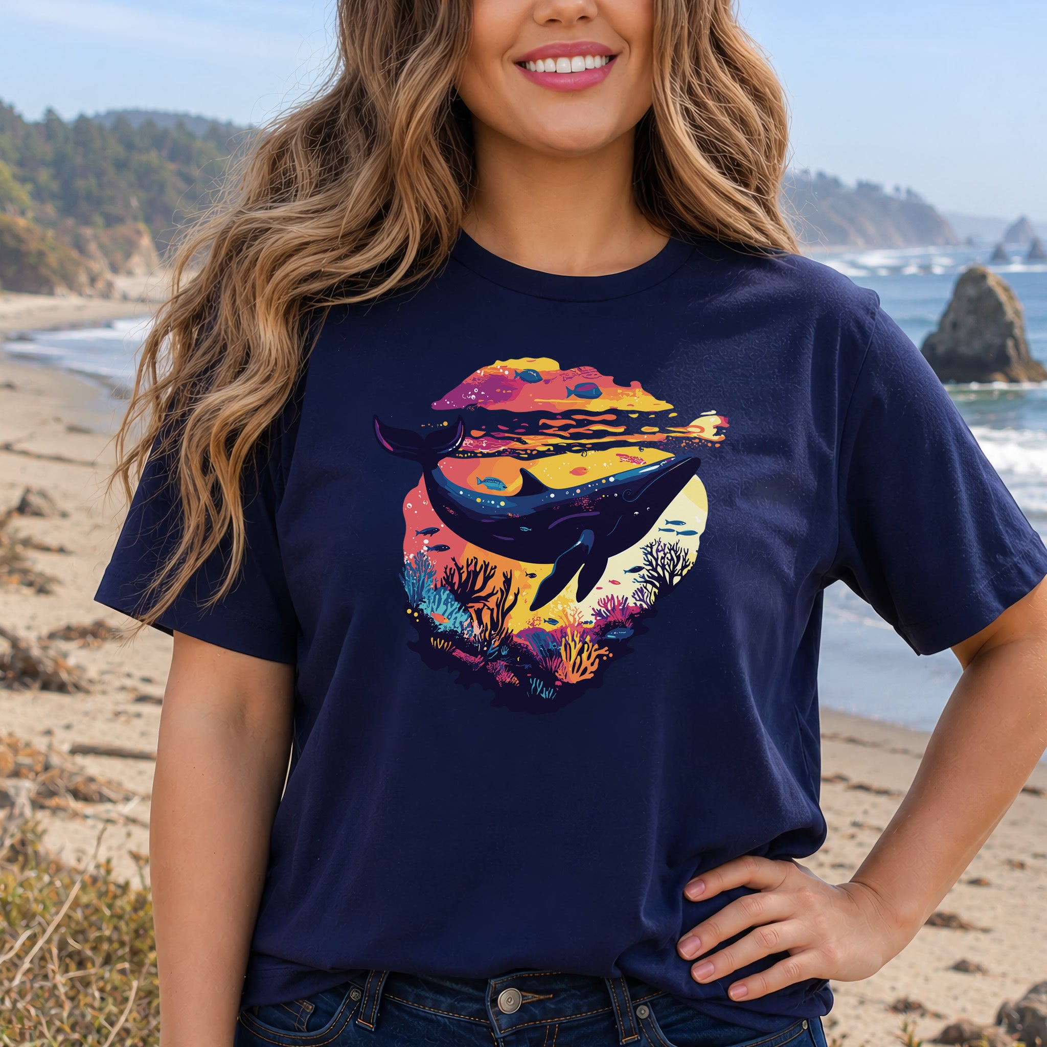 Whale in Coral Sunset T-Shirt – Dreamy Ocean Lover Graphic Tee