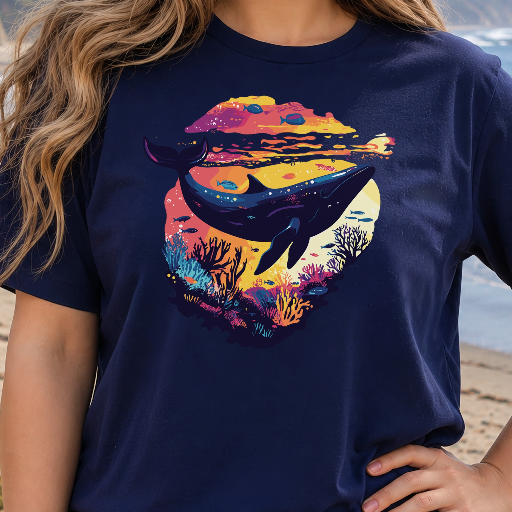 Whale in Coral Sunset T-Shirt – Dreamy Ocean Lover Graphic Tee