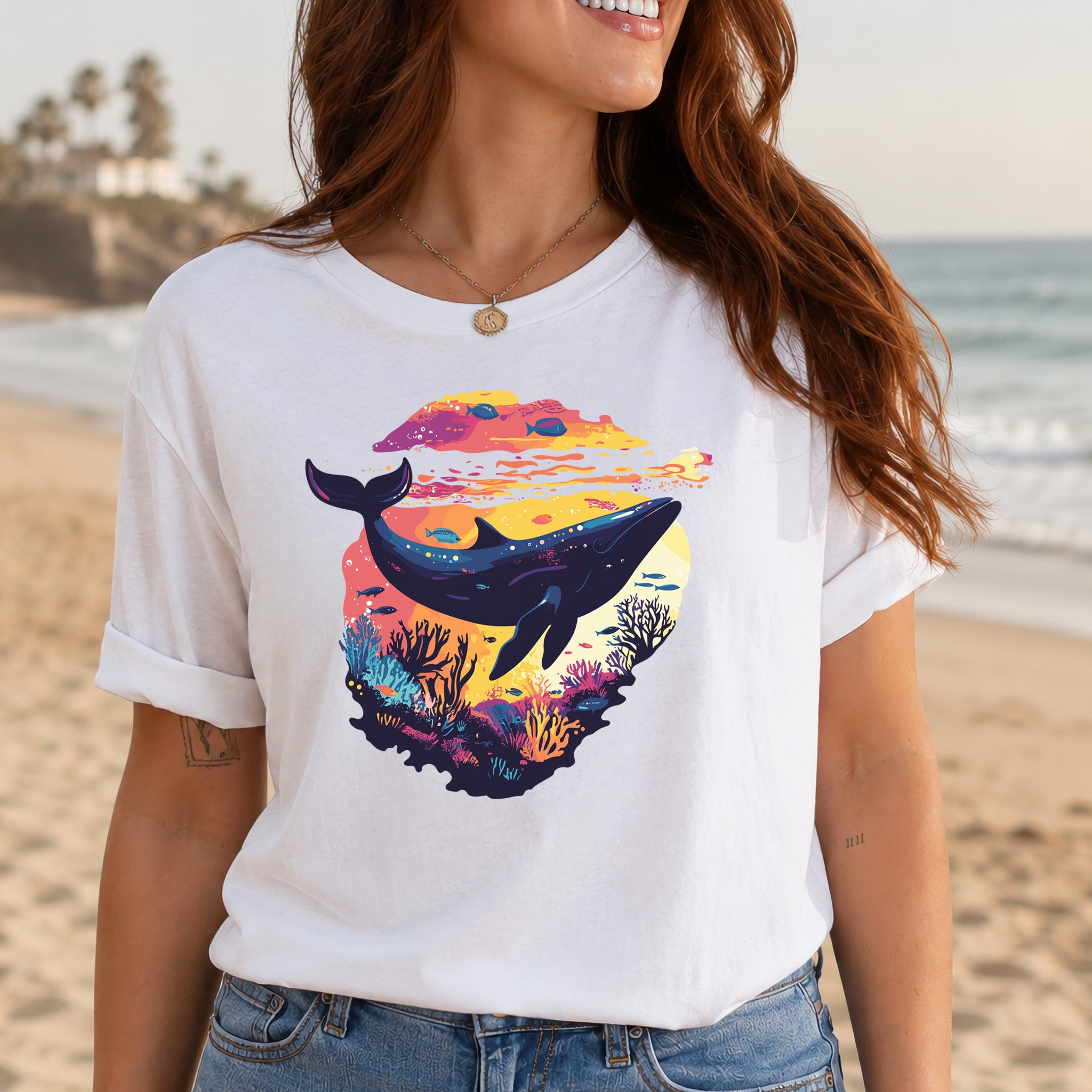 Whale in Coral Sunset T-Shirt – Dreamy Ocean Lover Graphic Tee