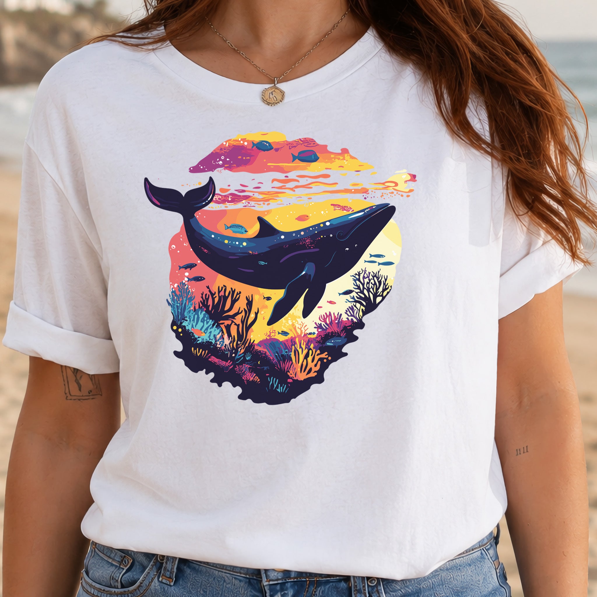 Whale in Coral Sunset T-Shirt – Dreamy Ocean Lover Graphic Tee