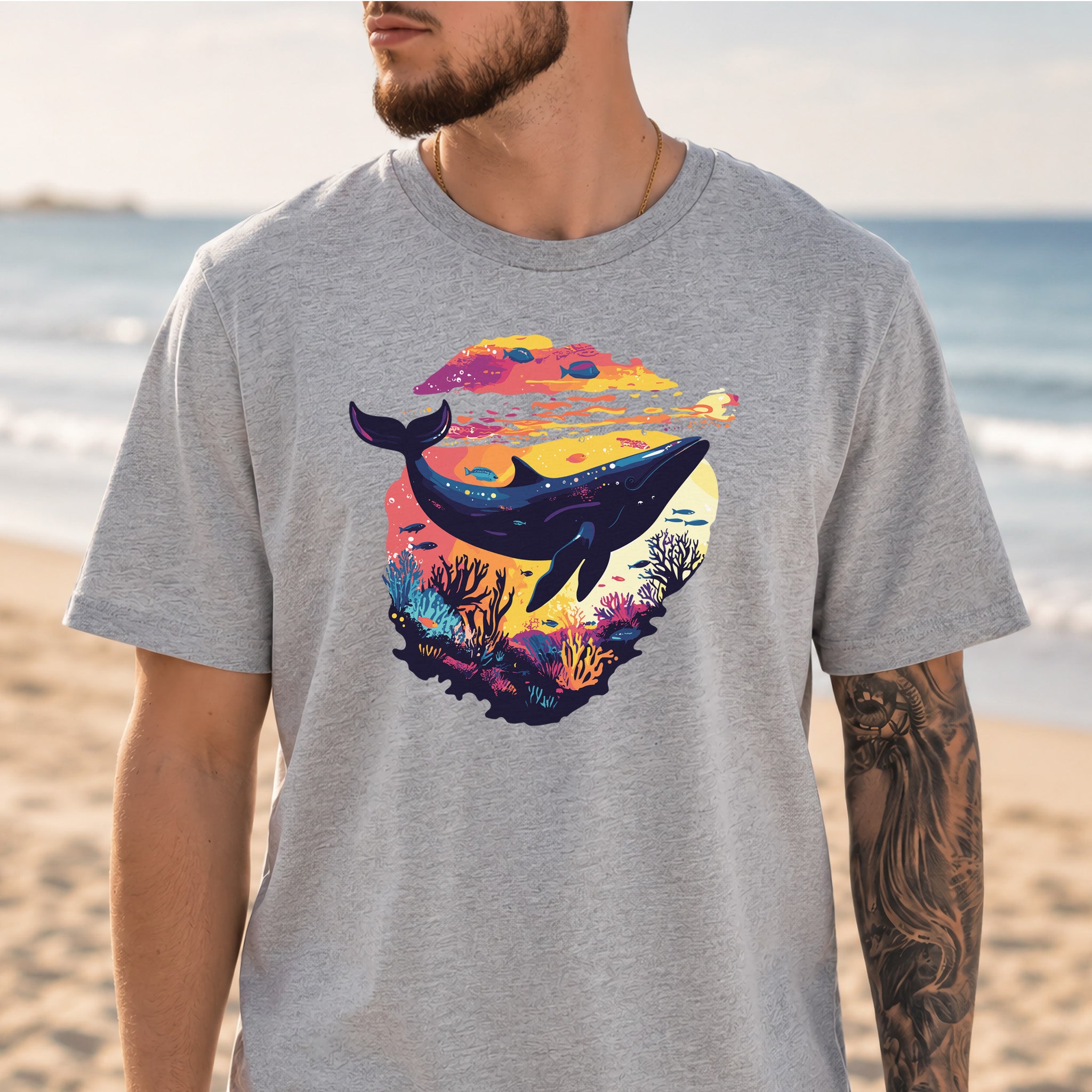 Whale in Coral Sunset T-Shirt – Dreamy Ocean Lover Graphic Tee