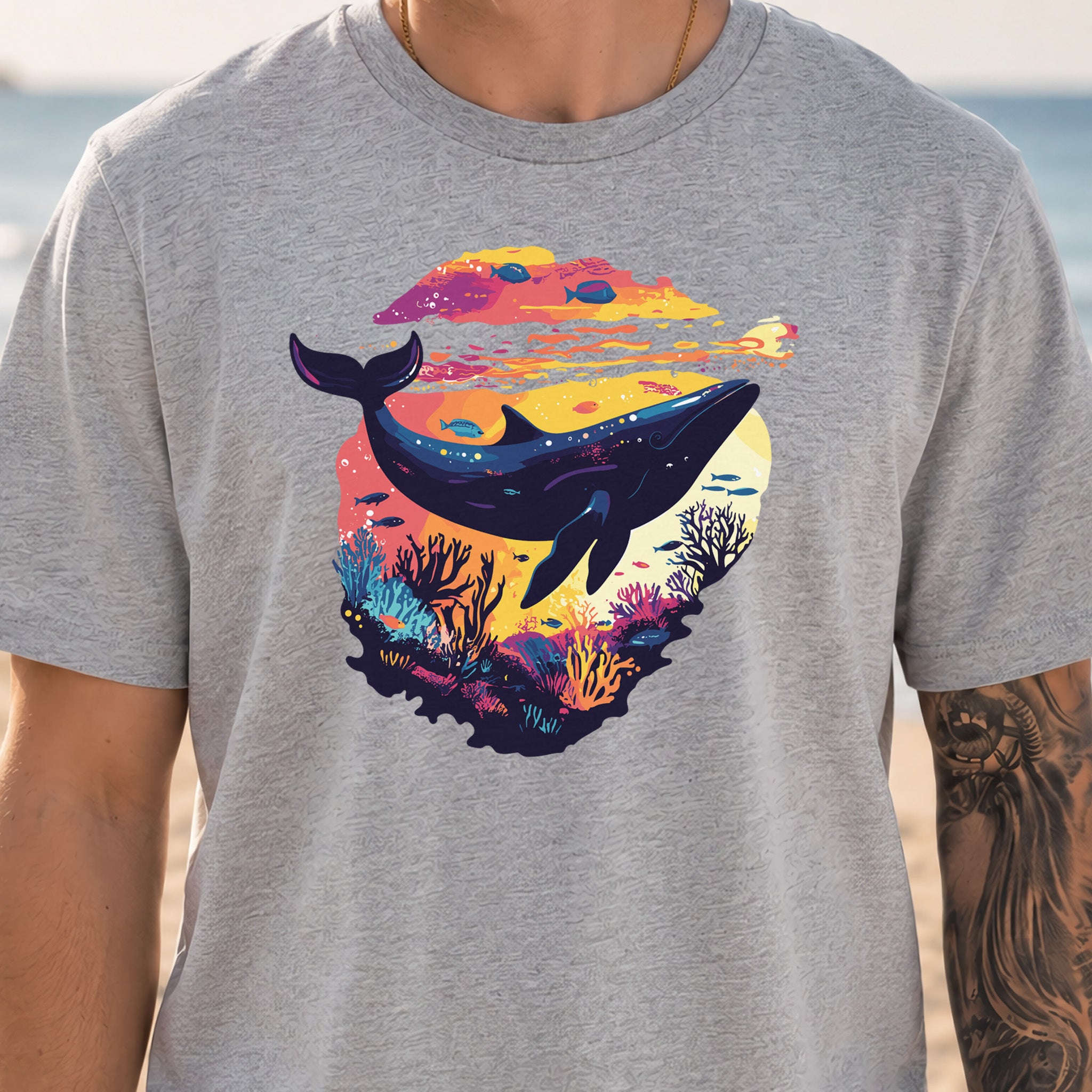 Whale in Coral Sunset T-Shirt – Dreamy Ocean Lover Graphic Tee
